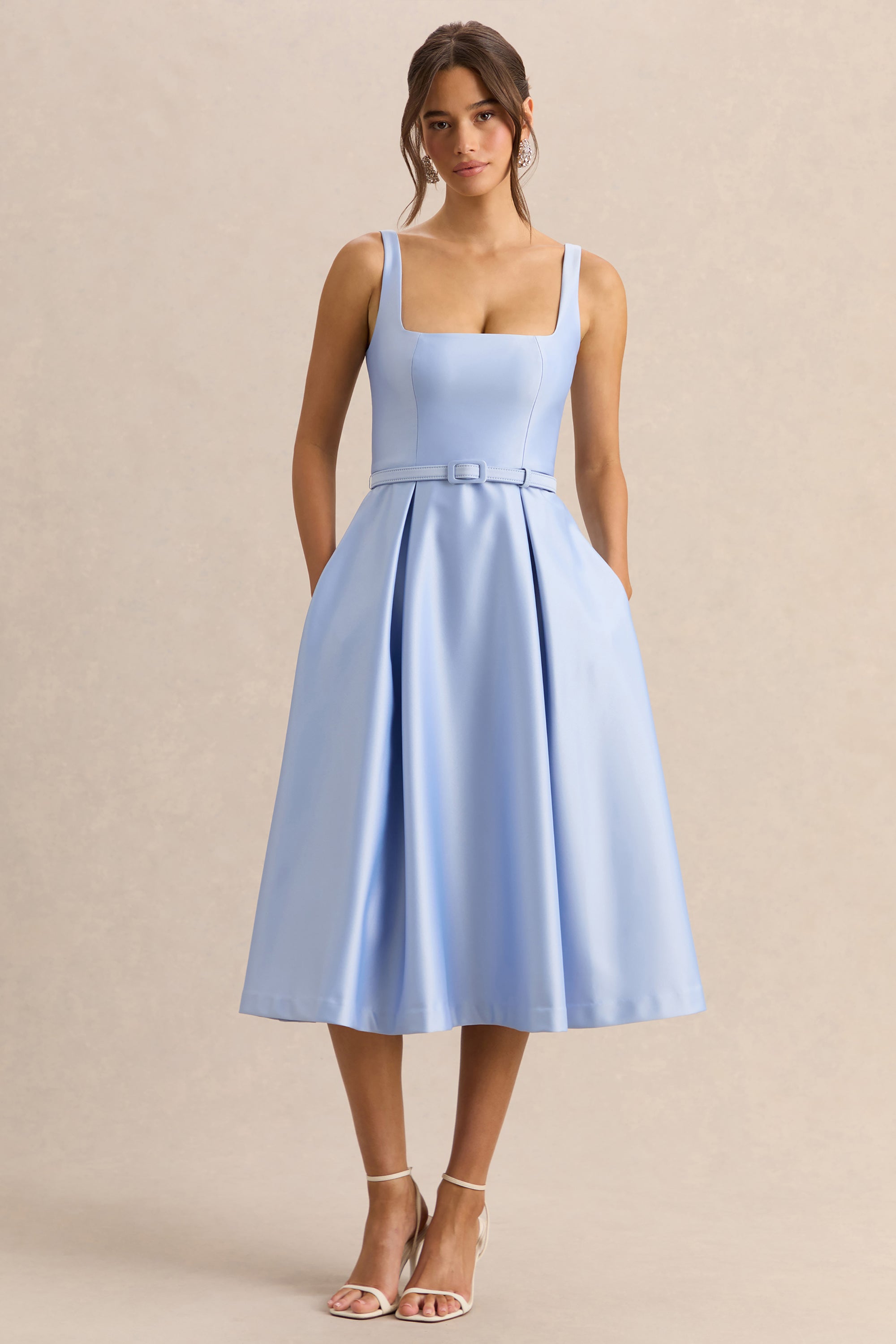 satin midi dress uk Leila V-Neck Low Back Satin Midi Dress Ivory