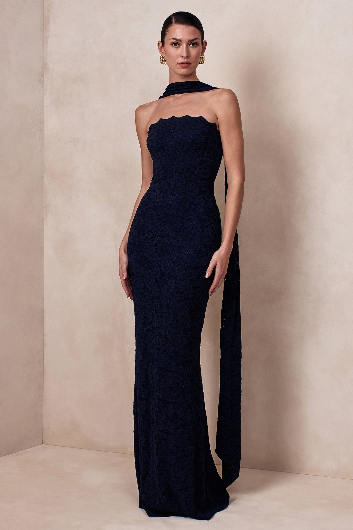 Massima Navy Lace Bandeau Maxi Dress With Scarf-Detail Club L London - UK Massima Navy Lace Bandeau Maxi Dress With Scarf-Detail Club L London - UK