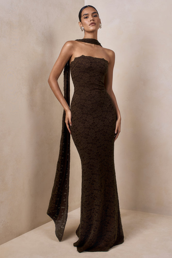 Massima Brown Lace Bandeau Maxi Dress With Scarf-Detail  Club L London - UK