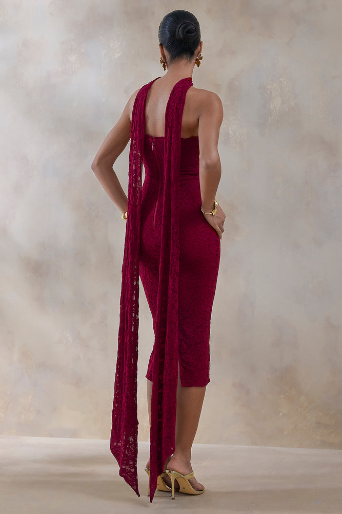 Rosaria Burgundy Lace Bandeau Midi Dress With Scarf-Detail – Club L London 