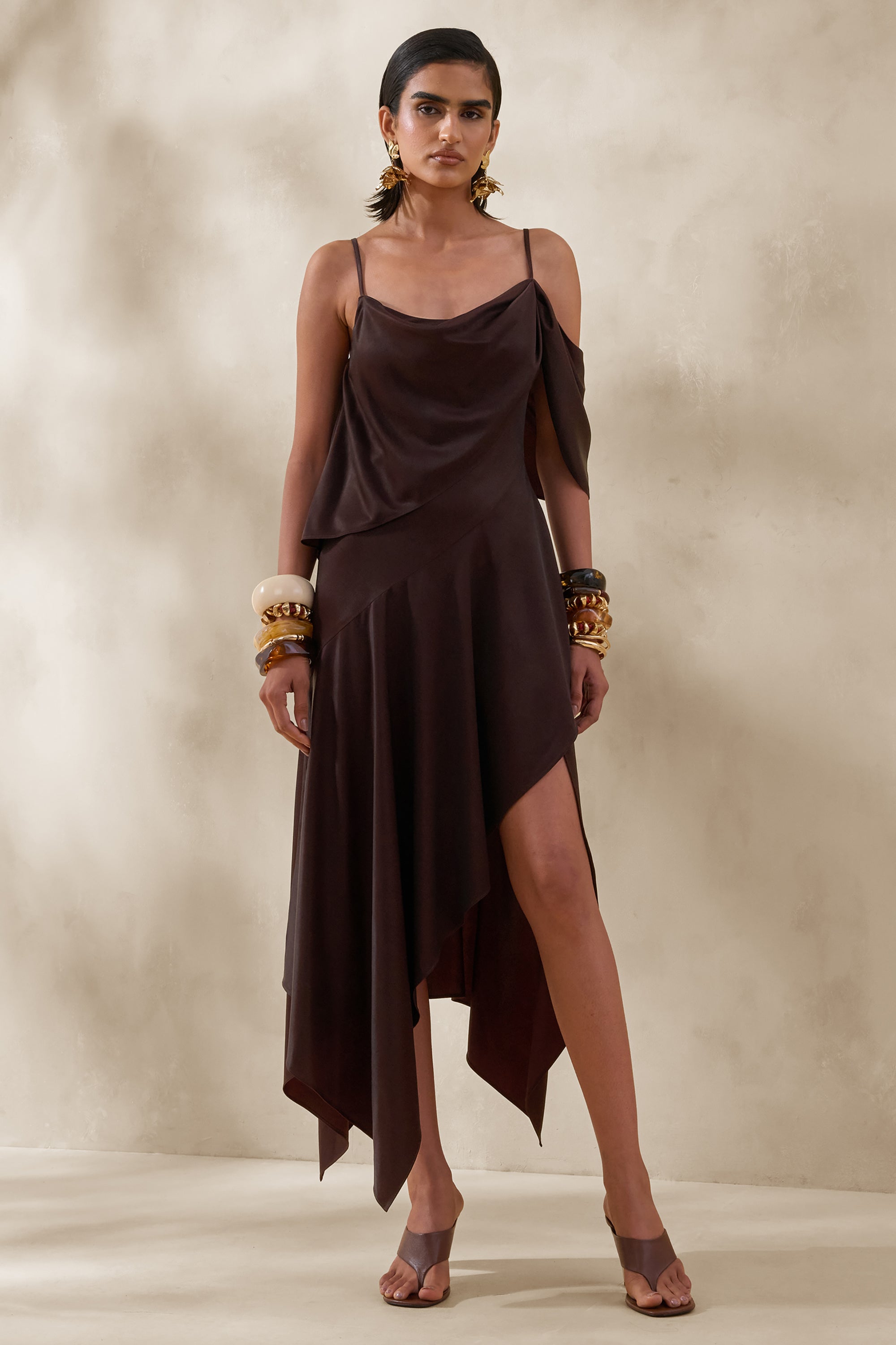 Helira | Brown Asymmetric Midi Dress With Draping Detailing and Open-B – Club L London