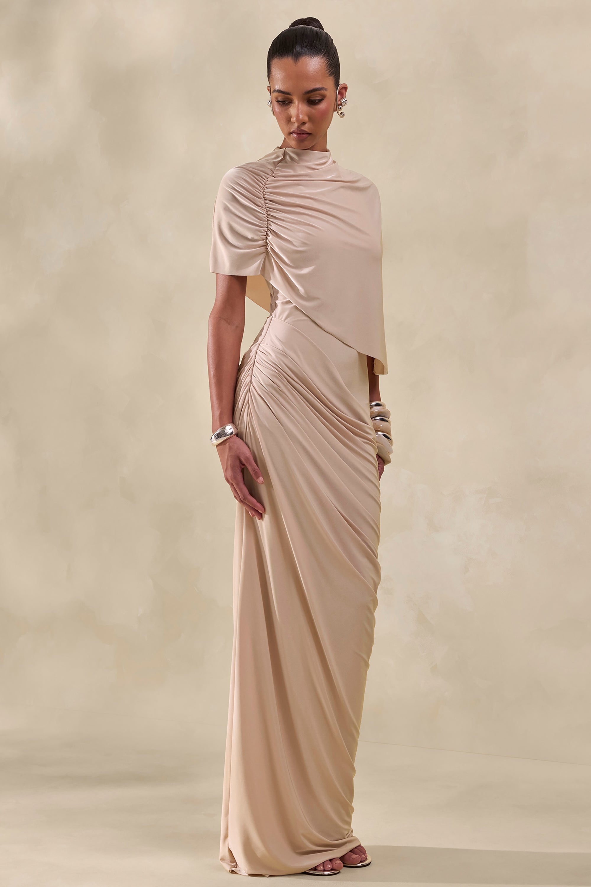 Lunaline | Champagne High-Neck Maxi Dress With Asymmetric Cape And Dra – Club L London