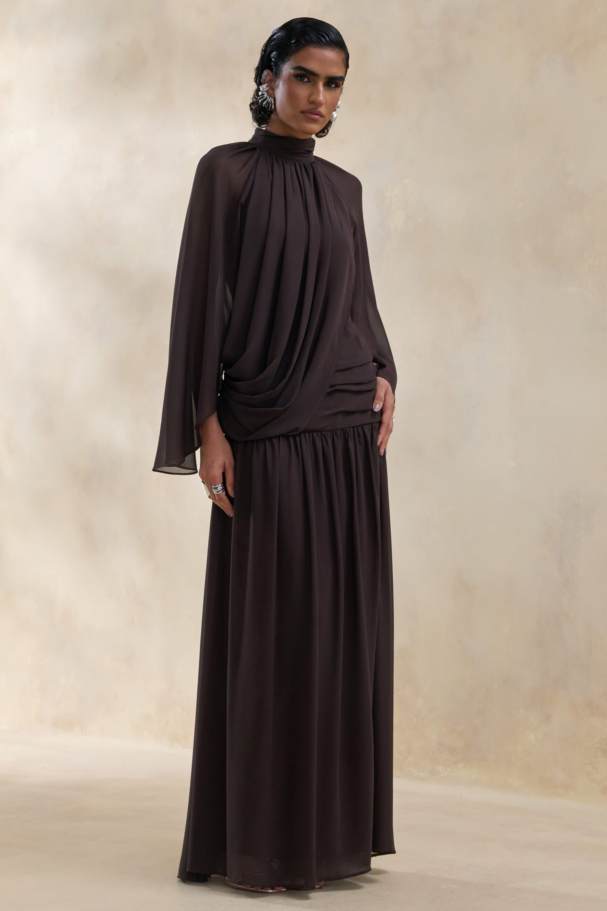 brown chiffon dress Oria Maxi / Cacao | MESHKI A dress as captivating as you Alex Chiffon Maxi Dress /