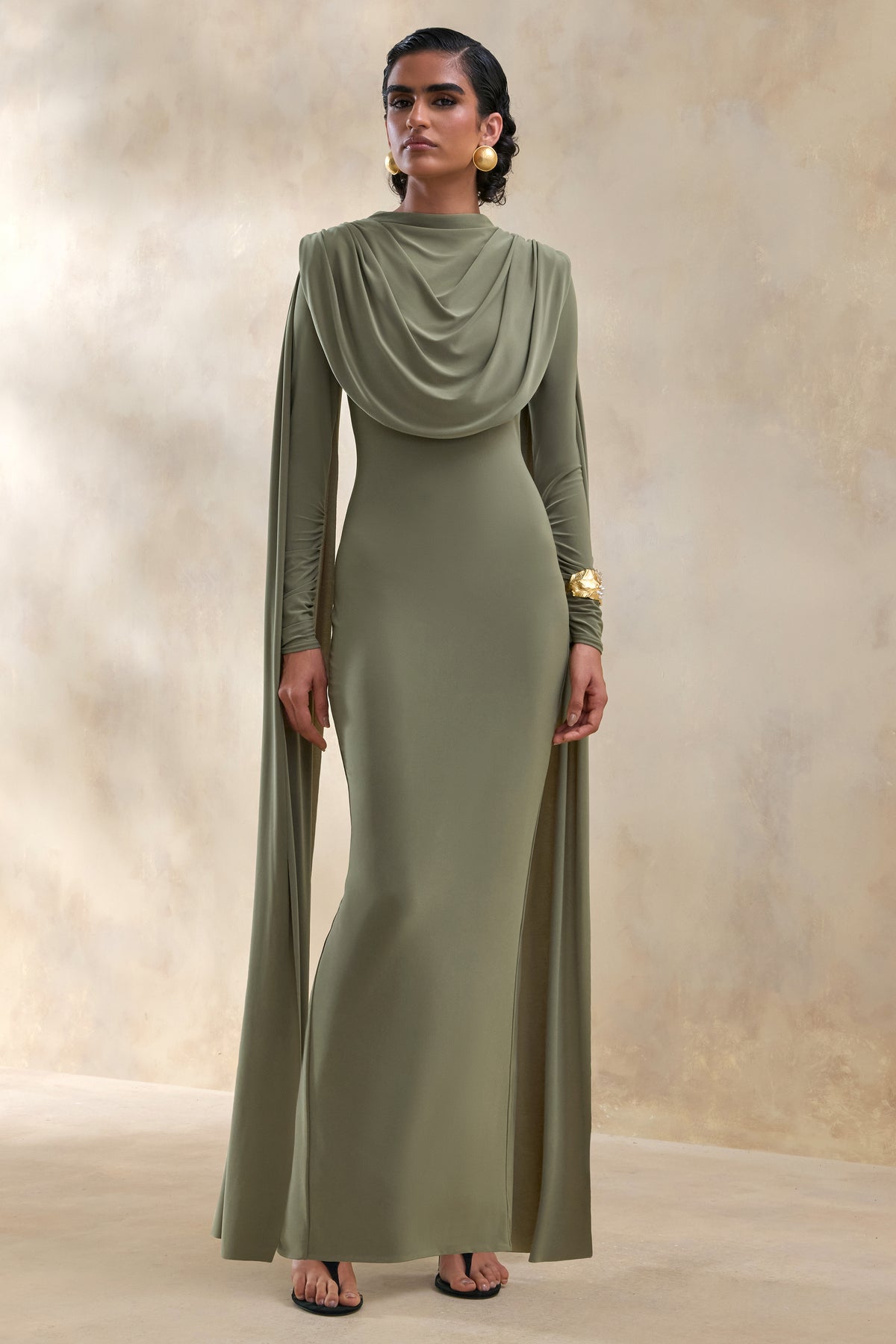 ECM_HR_CL137655031 - Lysoria | Olive High-Neck Maxi Dress With Draped-Detailing And Cape-Sleeves 0.jpg