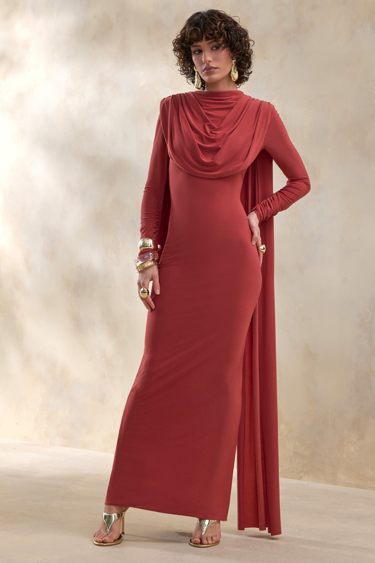 ECM_HR_CL137655071 - Lysoria | Rust High-Neck Maxi Dress With Draped-Detailing And Cape-Sleeves 0.jpg