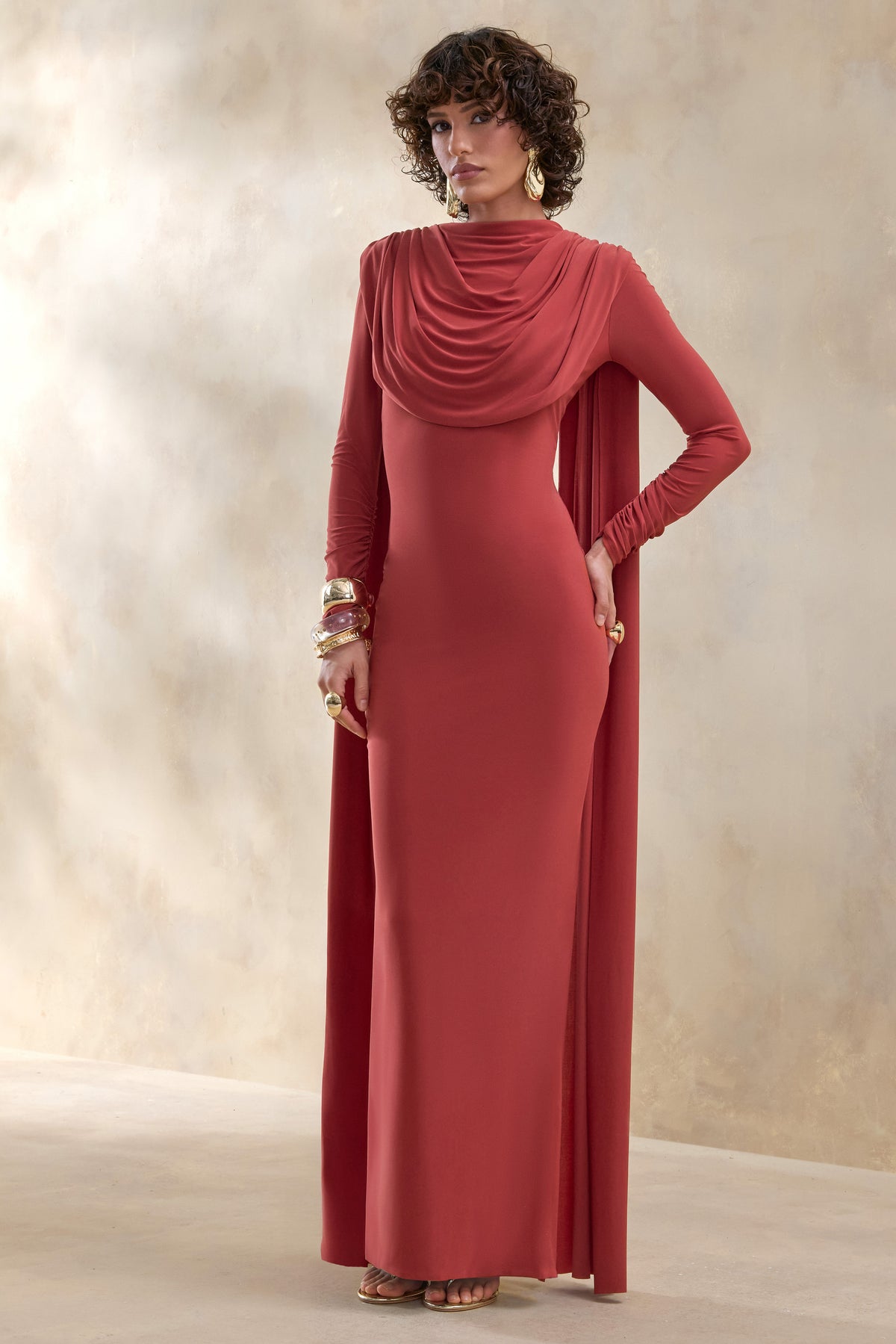 ECM_HR_CL137655071 - Lysoria | Rust High-Neck Maxi Dress With Draped-Detailing And Cape-Sleeves 2.jpg