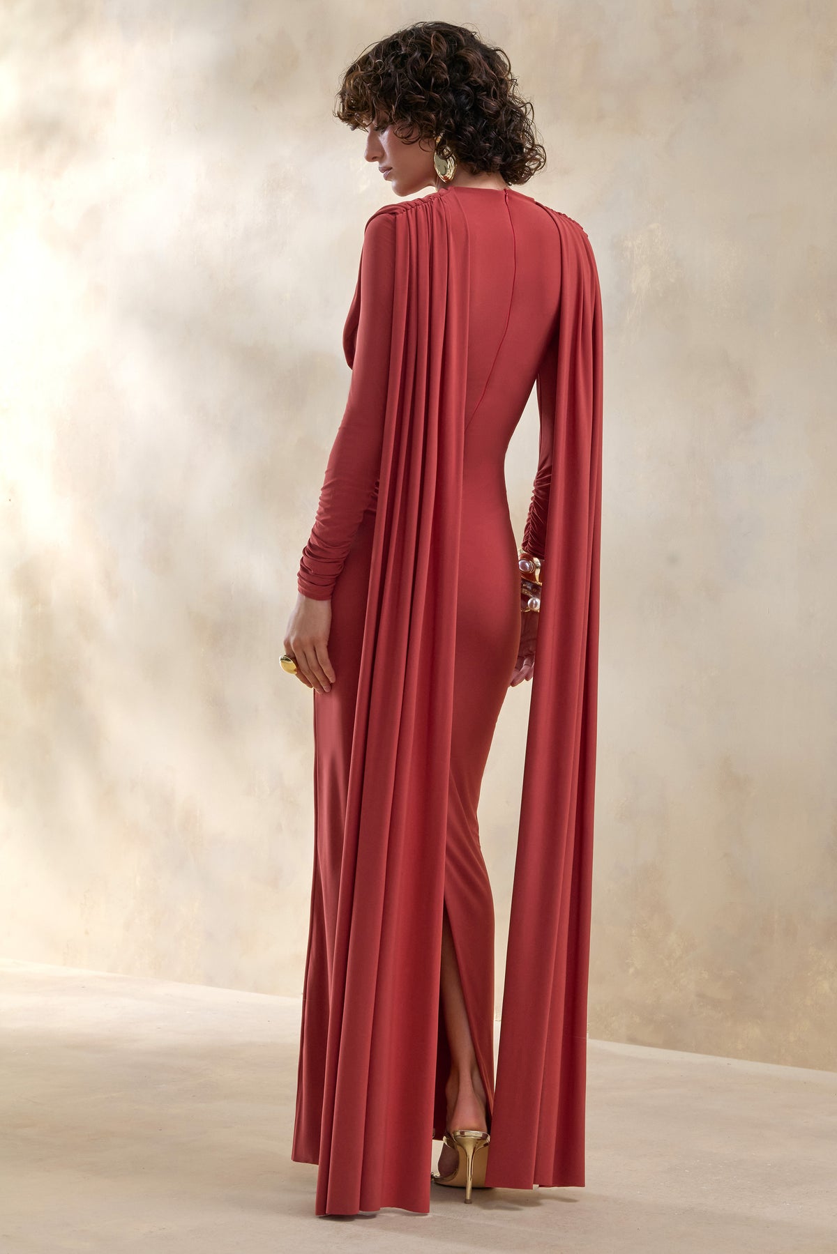 ECM_HR_CL137655071 - Lysoria | Rust High-Neck Maxi Dress With Draped-Detailing And Cape-Sleeves 3.jpg