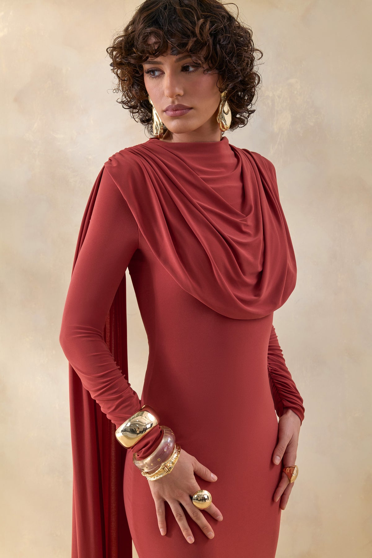ECM_HR_CL137655071 - Lysoria | Rust High-Neck Maxi Dress With Draped-Detailing And Cape-Sleeves 4.jpg