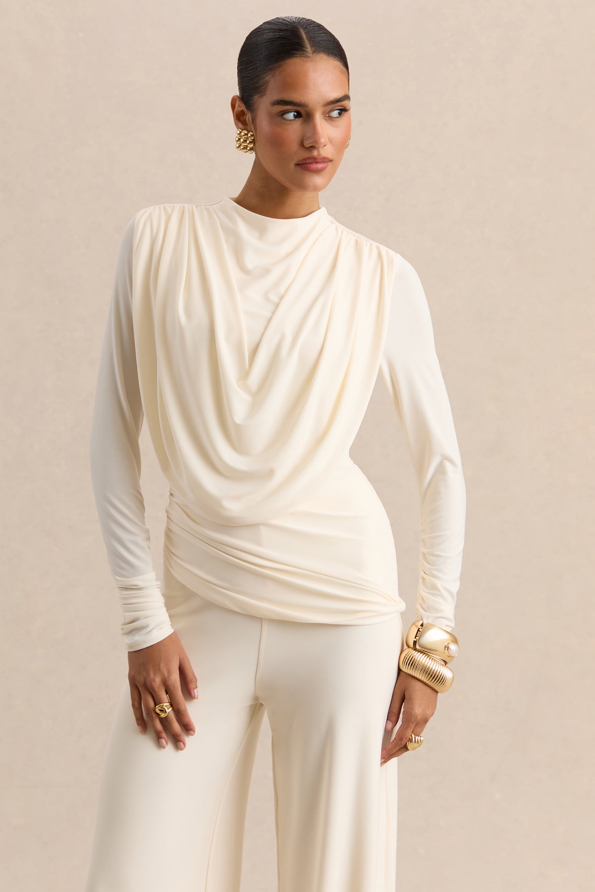 ECMH-HR-CL137663110 - Raniella - Cream High-Neck Top With Gathered And Draped-Detailing 06.jpg