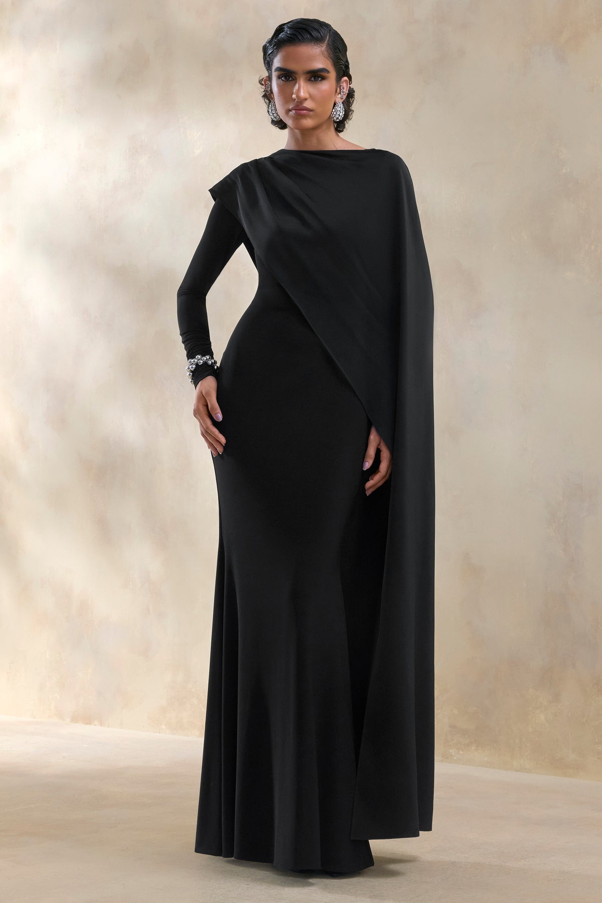 ECM_HR_CL137666001 - Salenne _ Black Round-Neck Maxi Dress With Satin Asymmetric-Cape 0.jpg