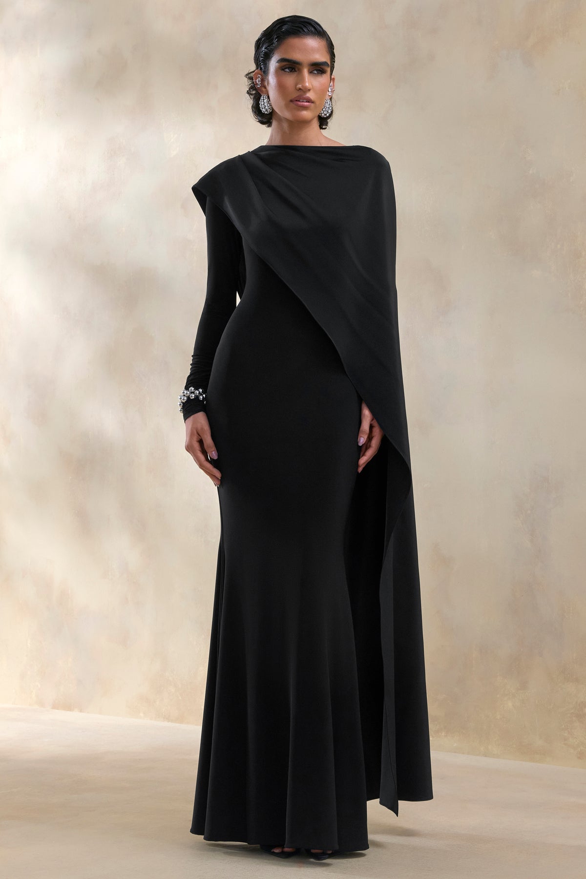 ECM_HR_CL137666001 - Salenne _ Black Round-Neck Maxi Dress With Satin Asymmetric-Cape 1.jpg