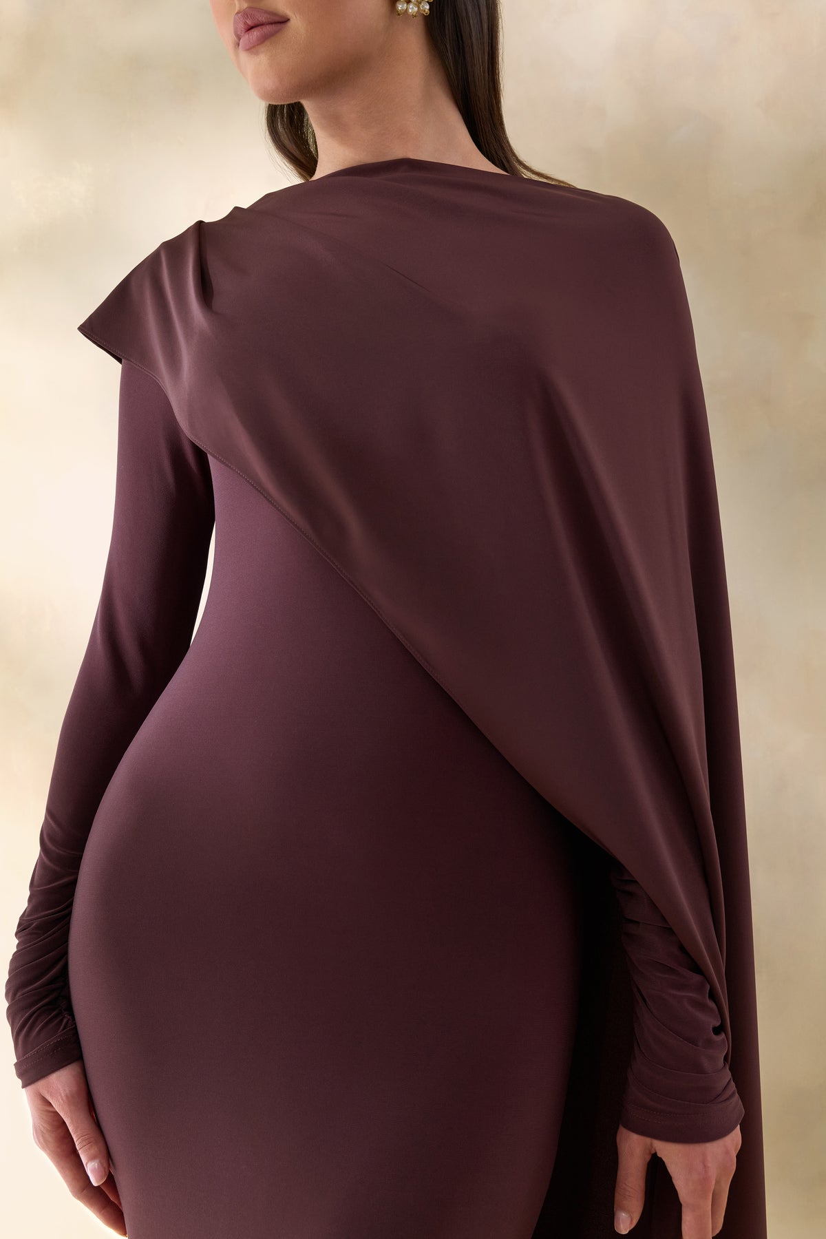 ECM_HR_CL137666022 - Salenne | Brown Round-Neck Maxi Dress With Satin Asymmetric-Cape 1.jpg