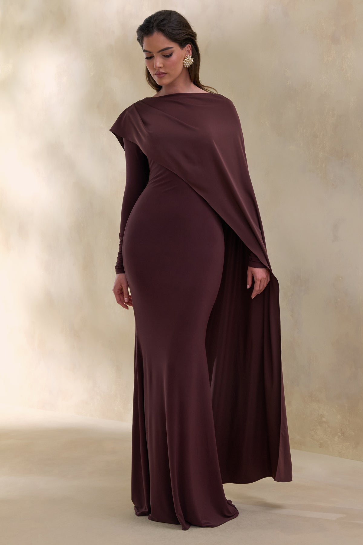 ECM_HR_CL137666022 - Salenne | Brown Round-Neck Maxi Dress With Satin Asymmetric-Cape 3.jpg