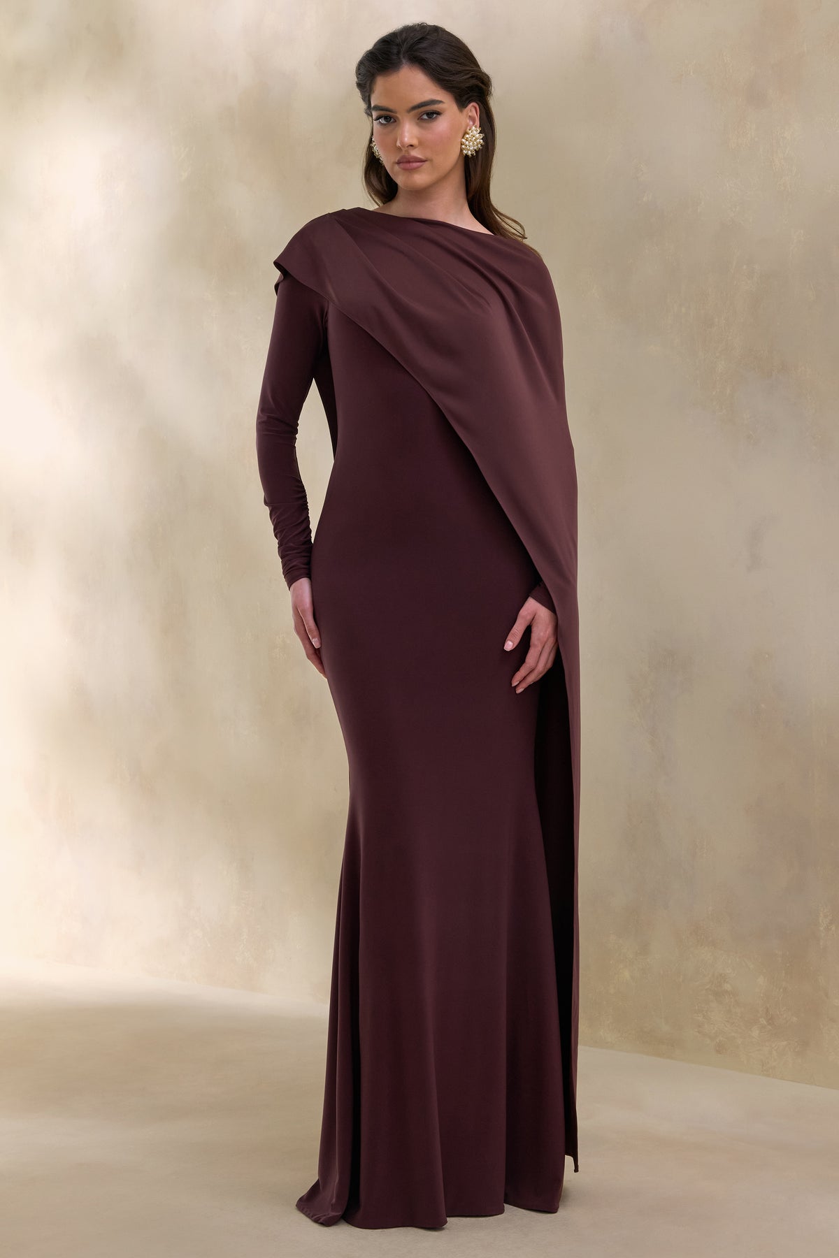 ECM_HR_CL137666022 - Salenne | Brown Round-Neck Maxi Dress With Satin Asymmetric-Cape 4.jpg