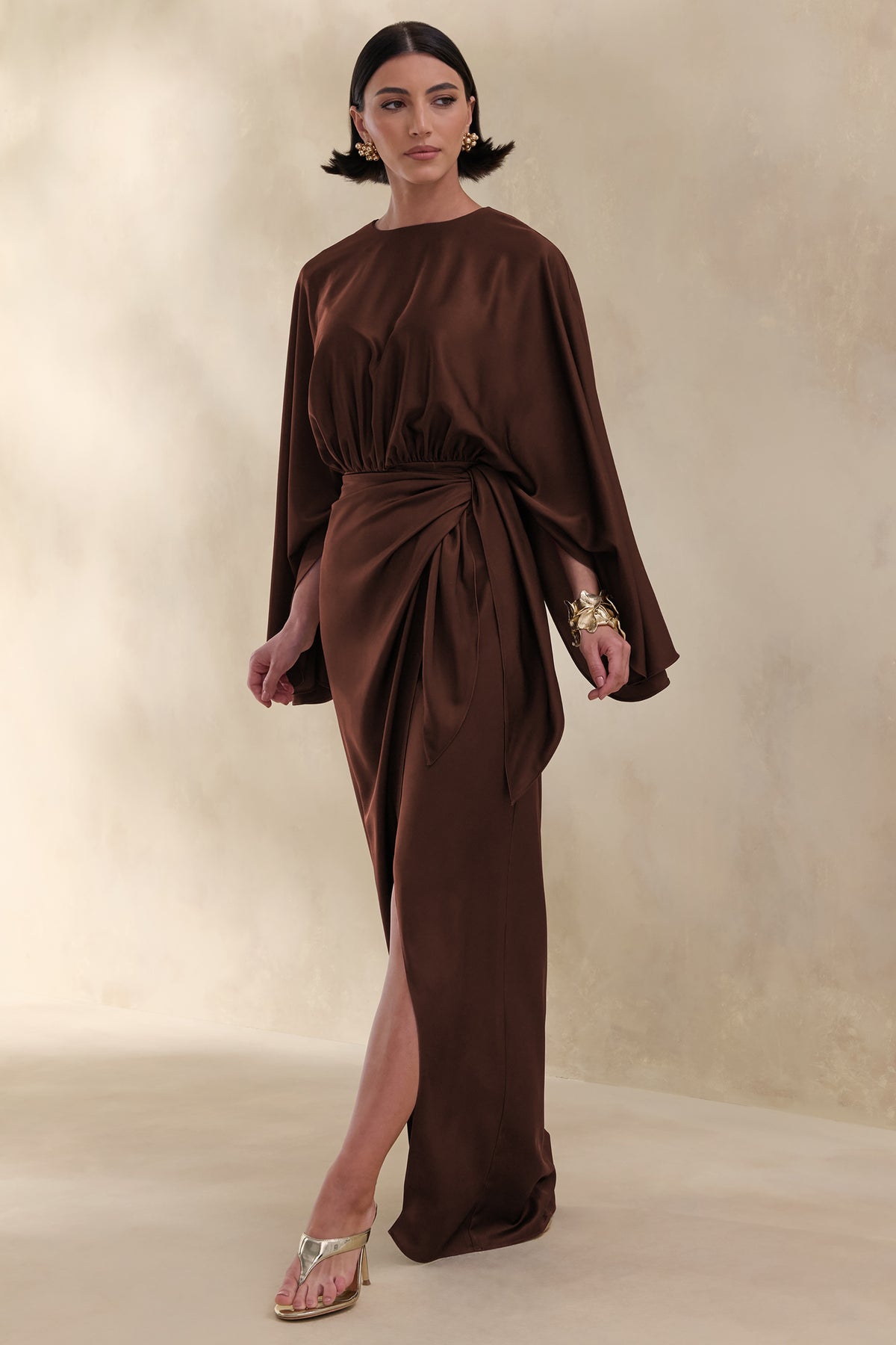 brown maxi dress uk One Shoulder Trim Detail Split Leg Maxi Dress In Chocolate Brown | EGO EU