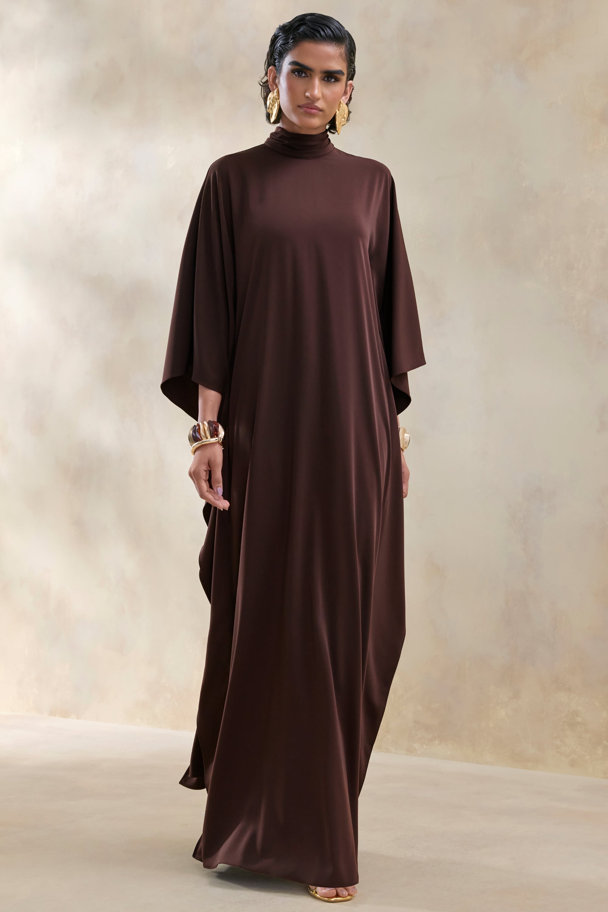 brown maxi dress uk Patrina | Brown High-Neck Maxi Dress With Draped-Detailing And Cape-Sl Club L London