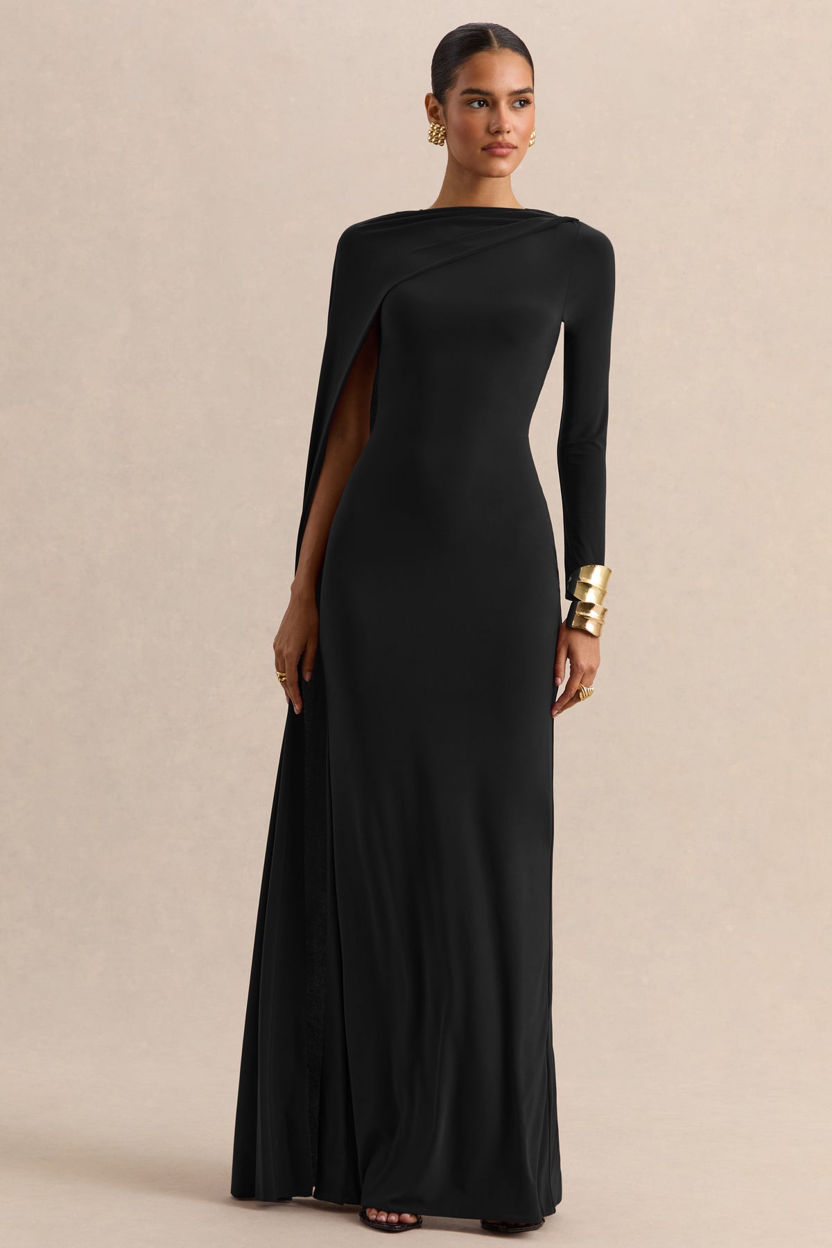 Halina Black High-Neck Maxi Dress With Cape-Sleeve – Club L London