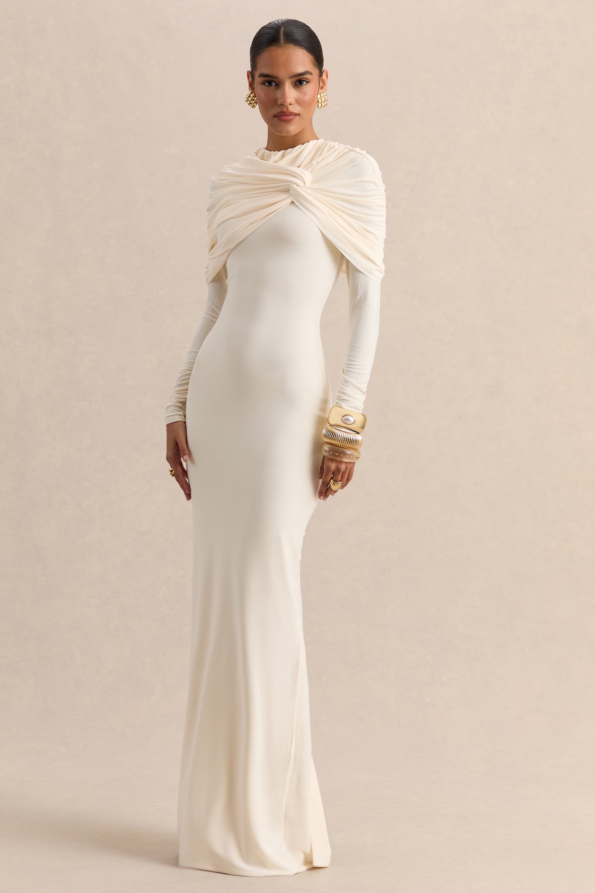 ECM_HR-CL137698111 - Evessa - Cream High-Neck Maxi Dress With Gathered-Detailing 01.jpg