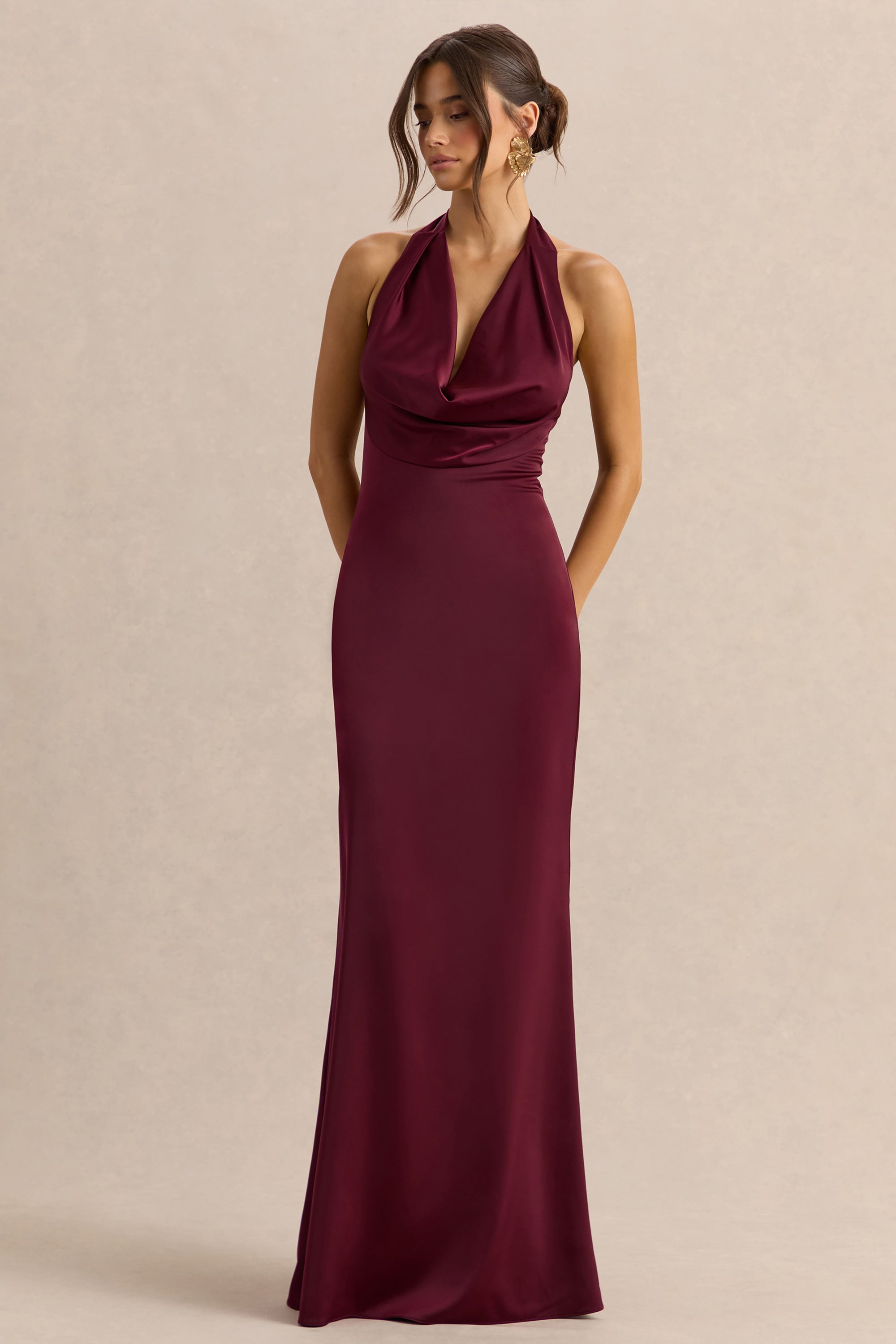 Aralisse | Burgundy Satin Cowl-Neck Maxi Dress – Club L London