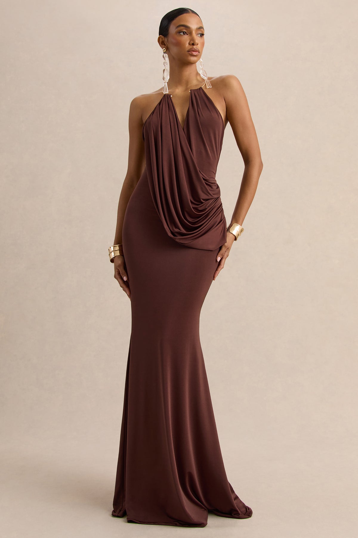 Chanterra Brown Halter-Neck Maxi Dress With Draped-Detailing Club L London - UK Chanterra Brown Halter-Neck Maxi Dress With Draped-Detailing Club L London - UK