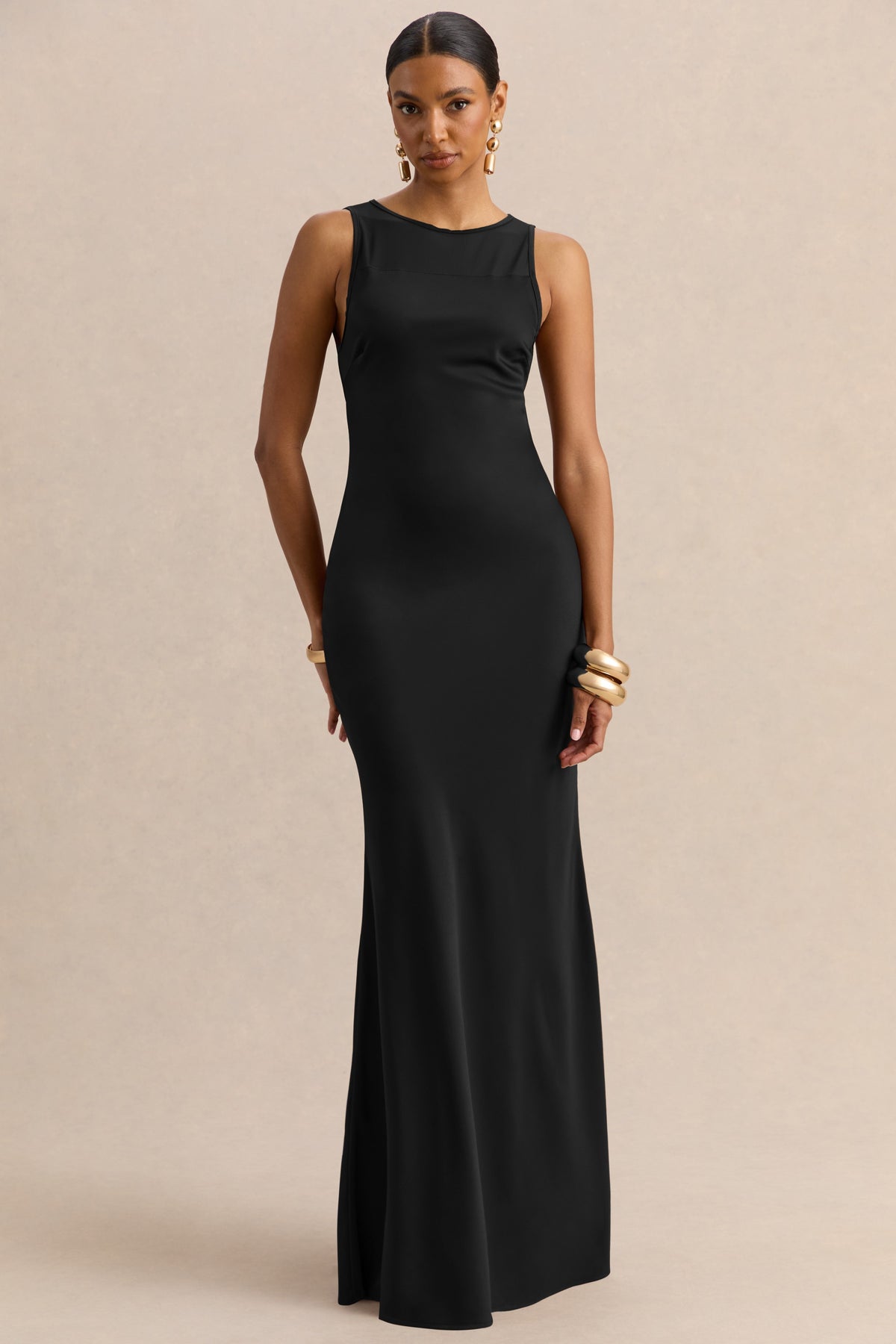 ECM_HR_CL137713001 - Avessia | Black Satin Round-Neckline Maxi Dress With Sheer-Detailing 0.jpg