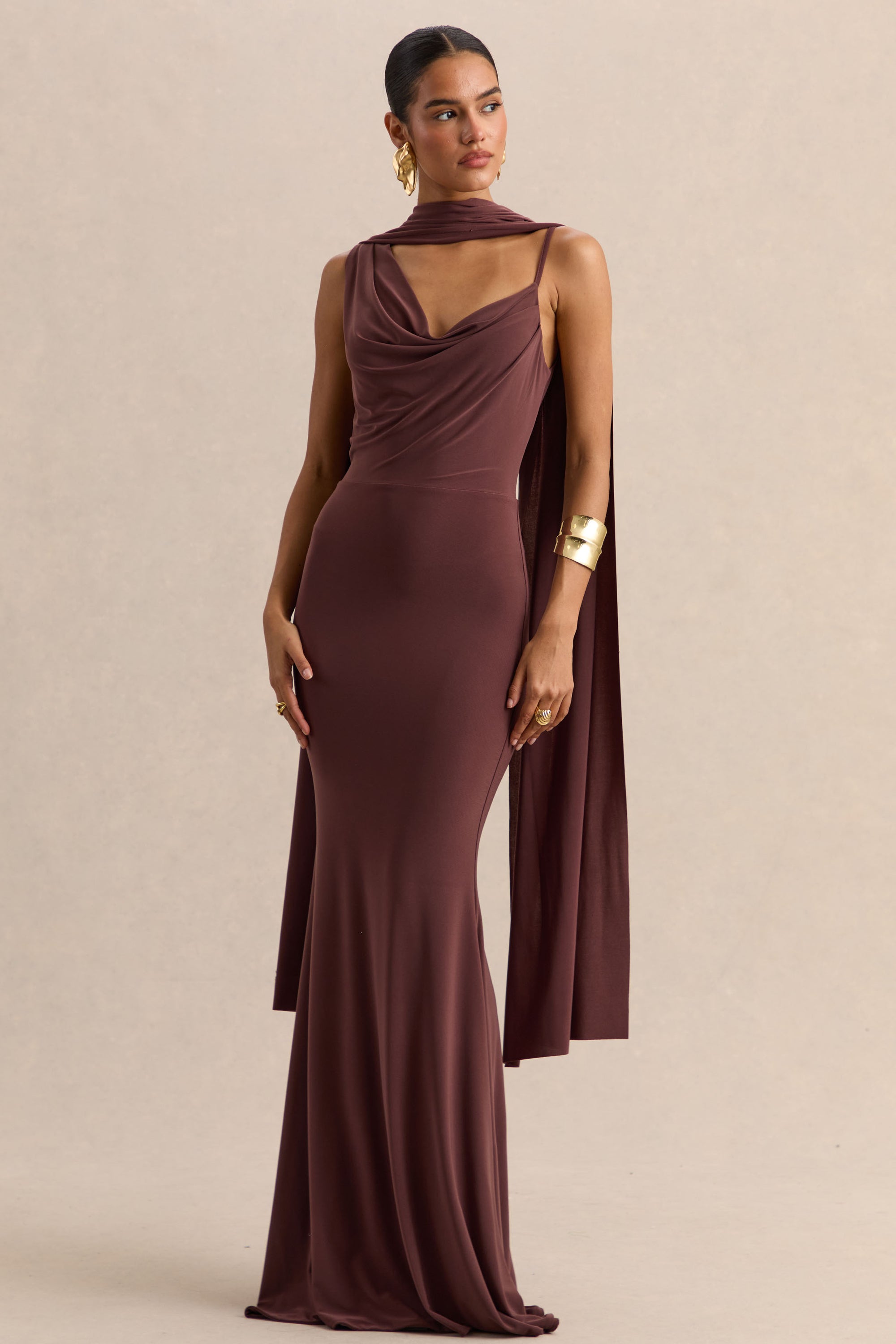Armelia | Brown Cowl-Neck Maxi Dress With Scarf-Detail – Club L London