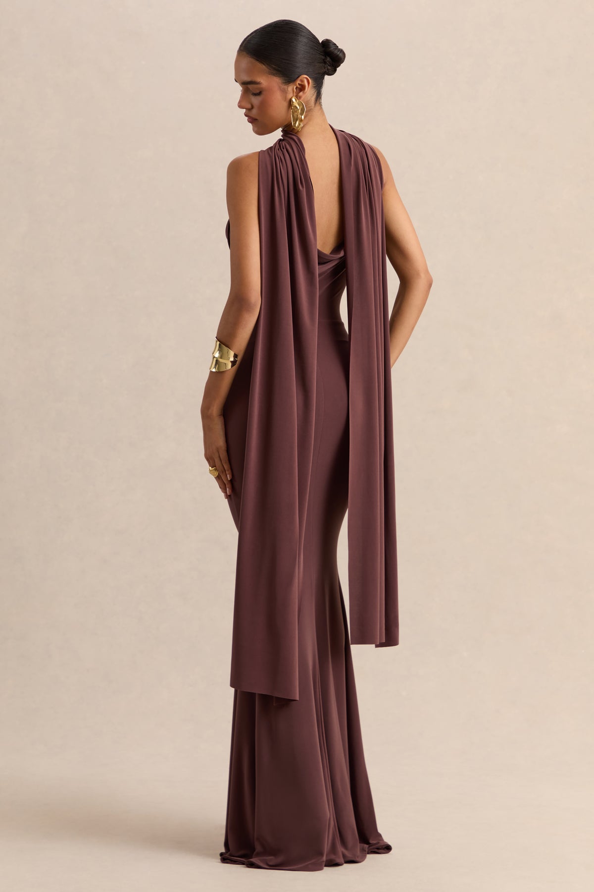 Armelia Brown Cowl-Neck Maxi Dress With Scarf-Detail – Club L London Armelia Brown Cowl-Neck Maxi Dress With Scarf-Detail – Club L London