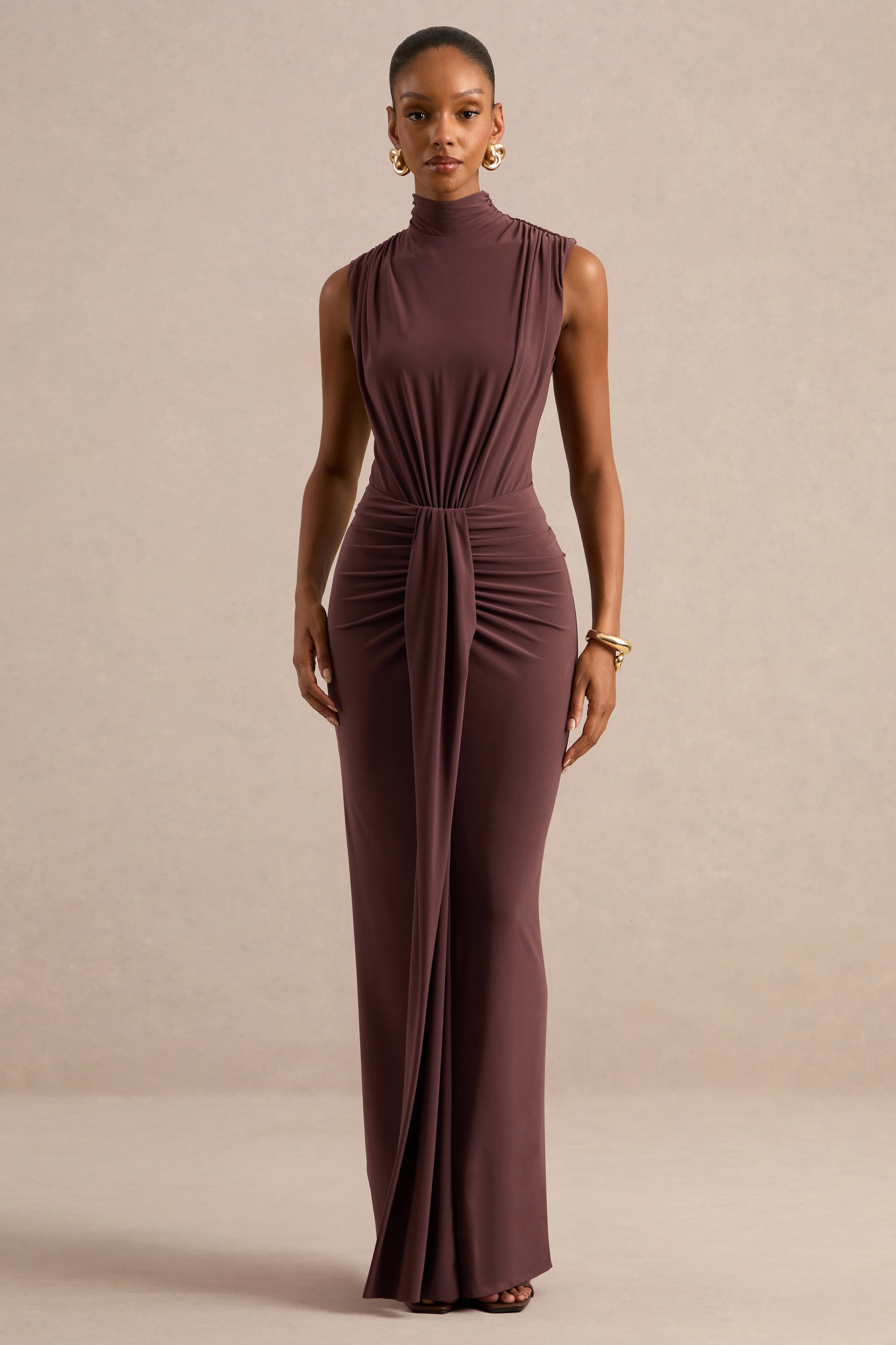 ECM_HR_CL137765022 - Isona _ Brown High-Neck Maxi Dress With Gathered-Detailing And Sash0.jpg