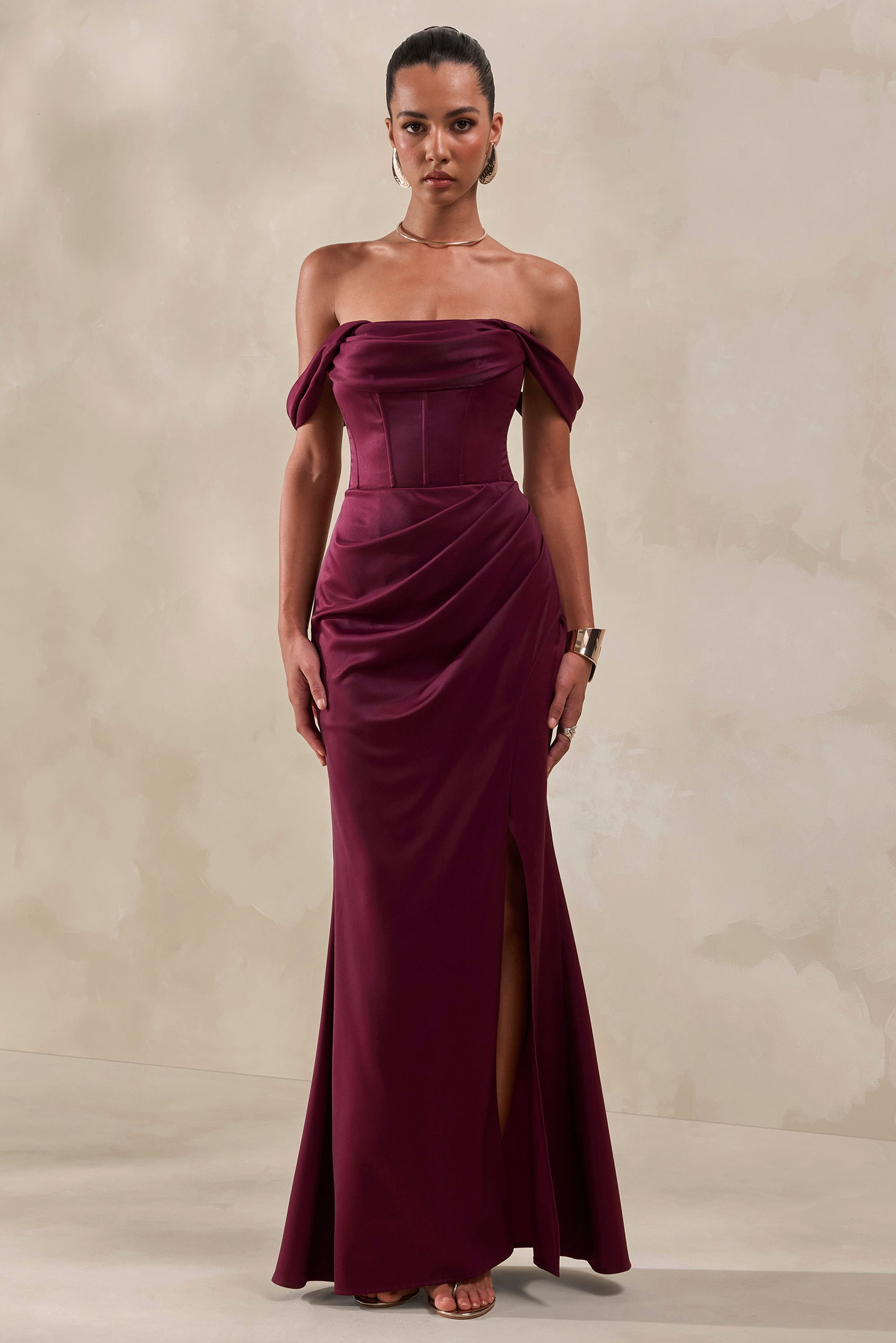 burgundy maxi dress uk Louanne Slinky Long Sleeve Maxi Dress - Burgundy