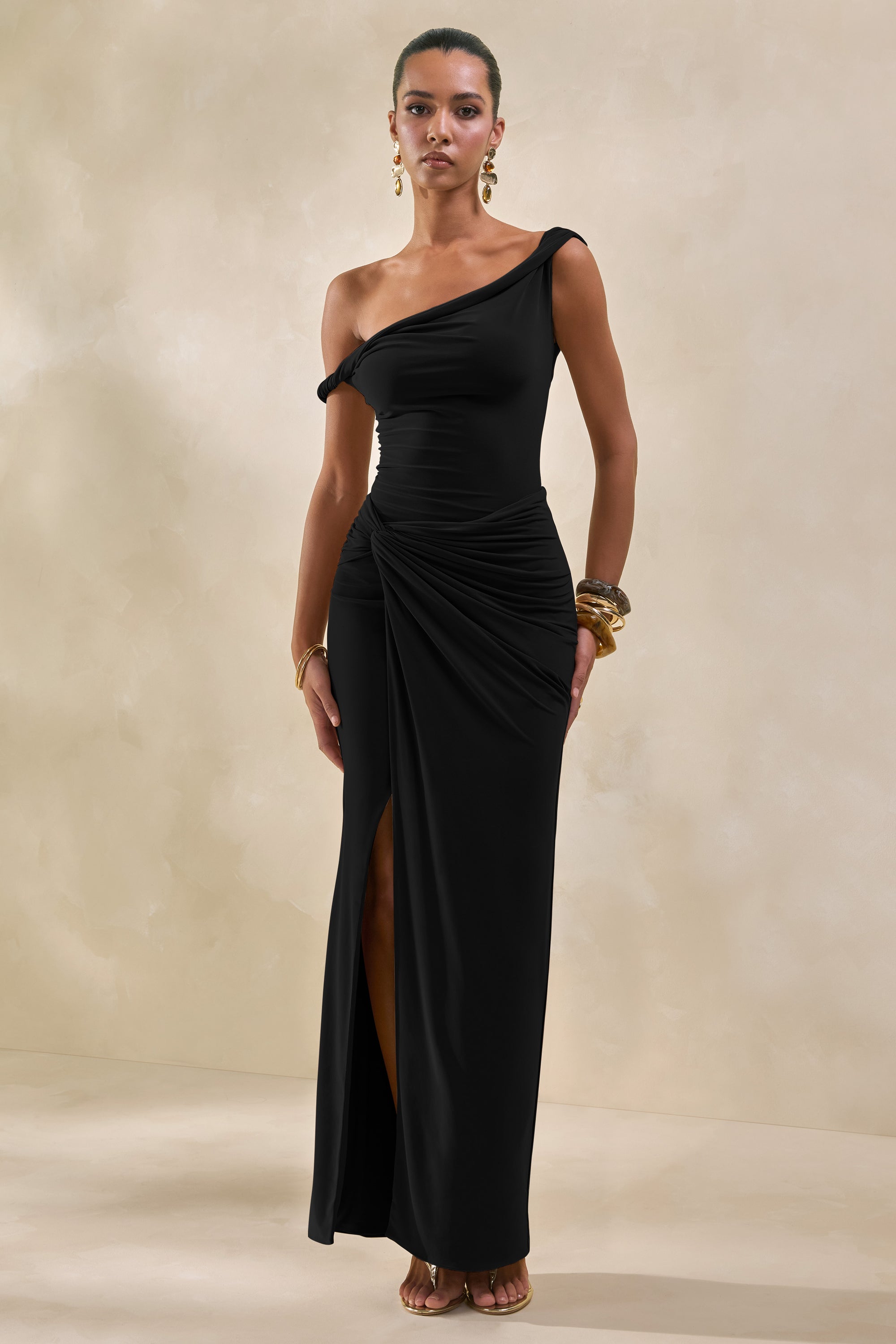 ECM_HR_CL137817001 -Kesia Black Twisted Asymmetric Bodysuit CL137833001 - Idris | Black Twisted Waist Maxi Skirt With Front Split_04.jpg