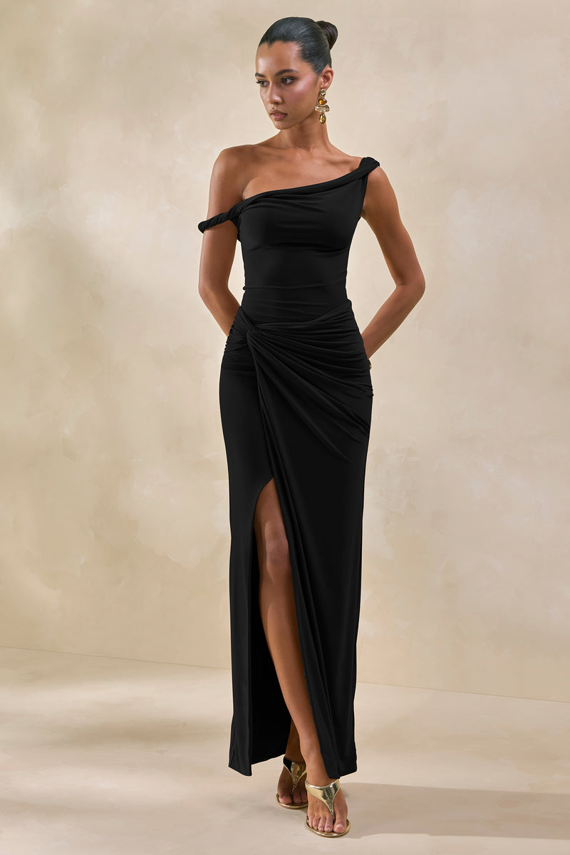 ECM_HR_CL137817001 -Kesia Black Twisted Asymmetric Bodysuit CL137833001 - Idris | Black Twisted Waist Maxi Skirt With Front Split_01.jpg