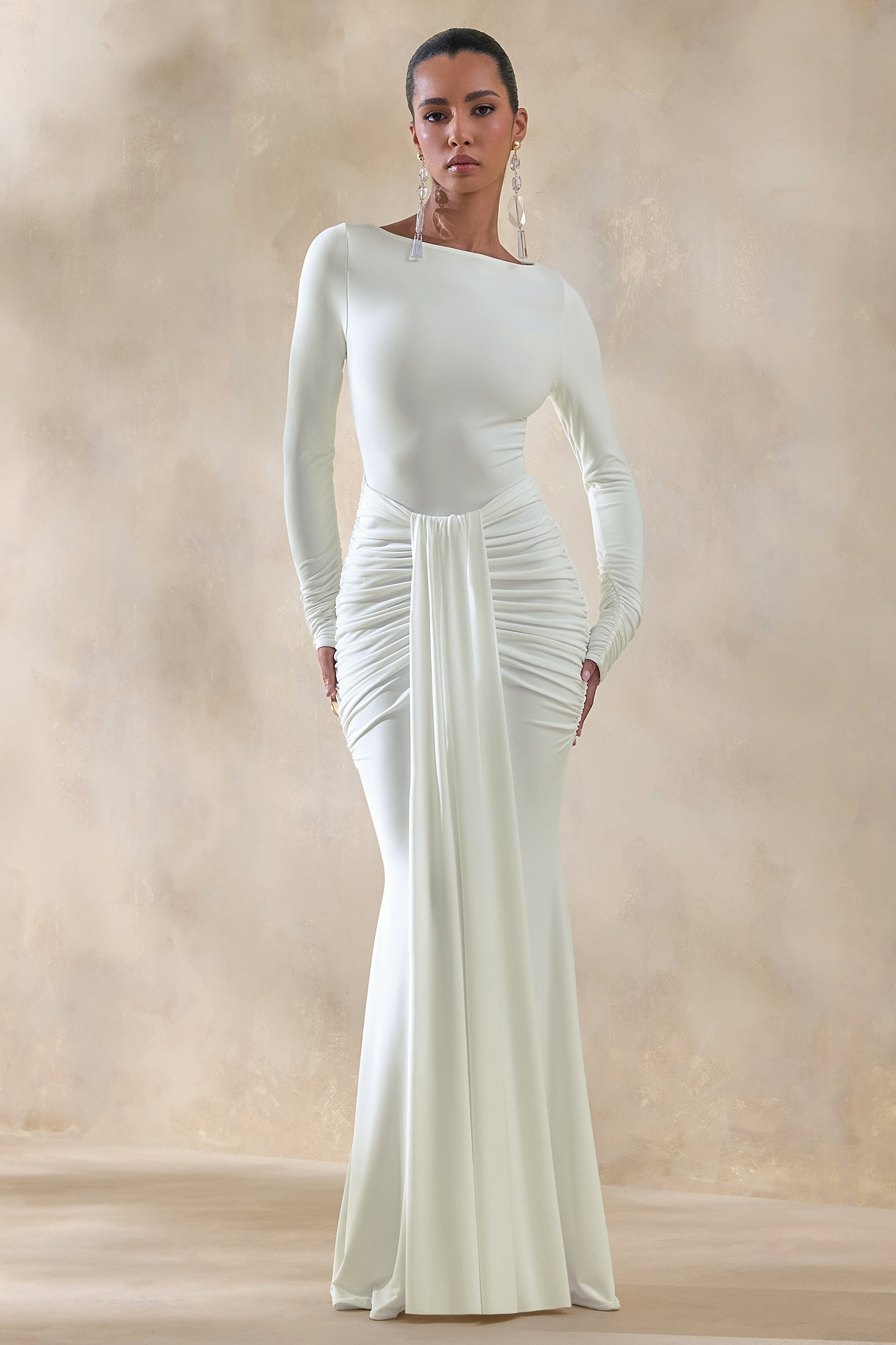 Liatris | White Jersey Boat Neck Long Sleeve Maxi Dress With