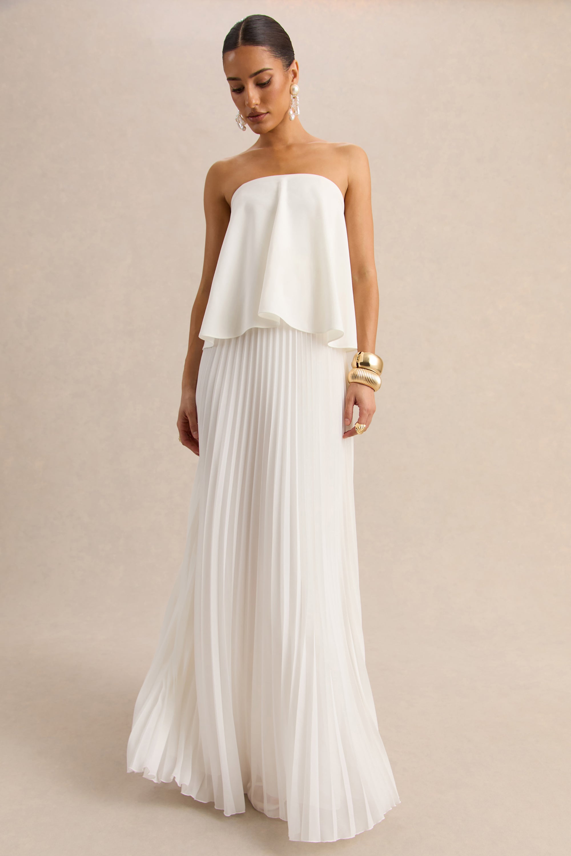 bandeau pleated maxi dress PrettyLittleThing Petite Baby Pink Pleated Tie Front Cut Out Waist Bandeau Maxi Dress