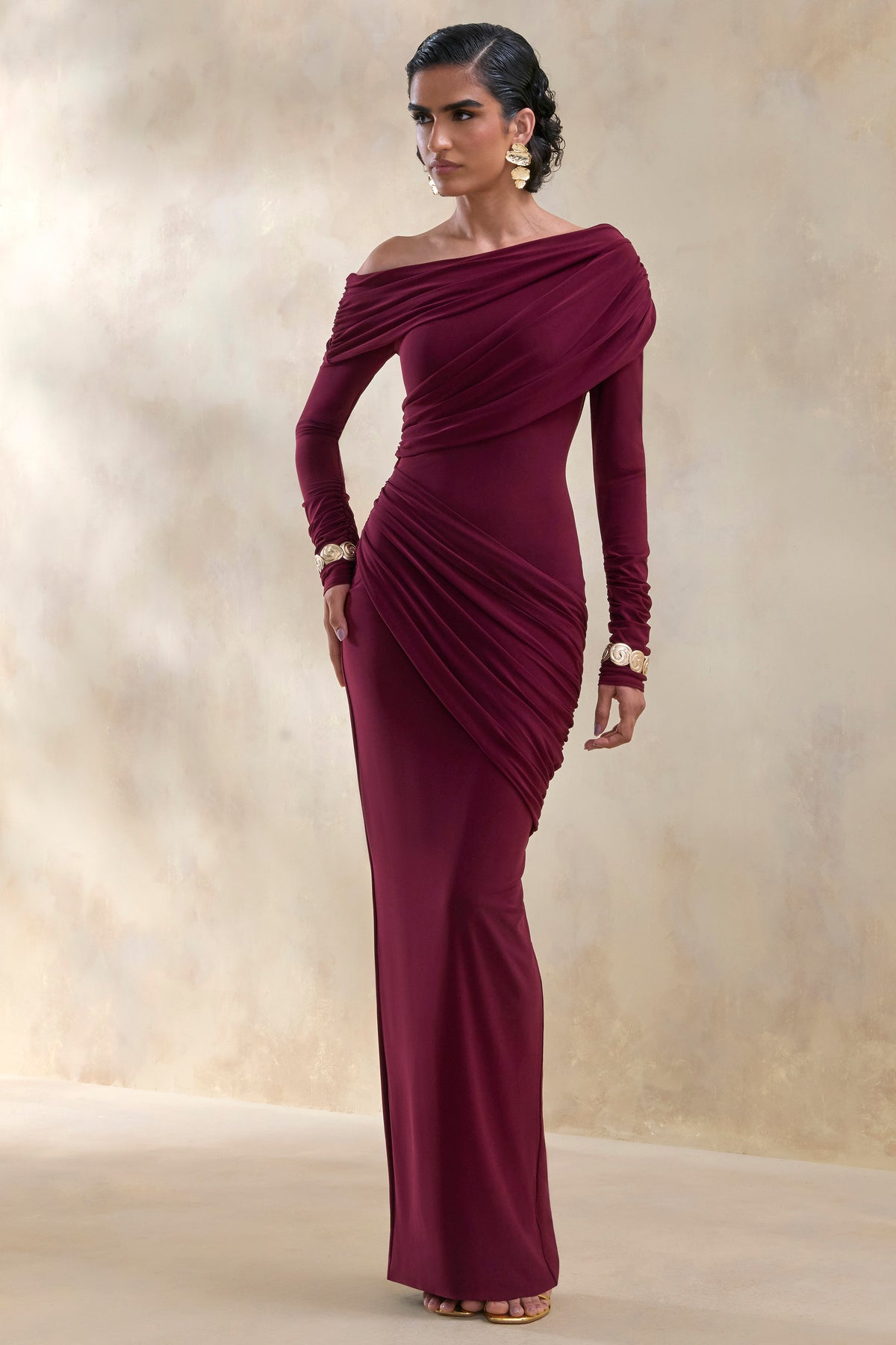 Rosirene Burgundy Asymmetric-Neck Maxi Dress With Draped-Detailing Club L London - UK Rosirene Burgundy Asymmetric-Neck Maxi Dress With Draped-Detailing Club L London - UK