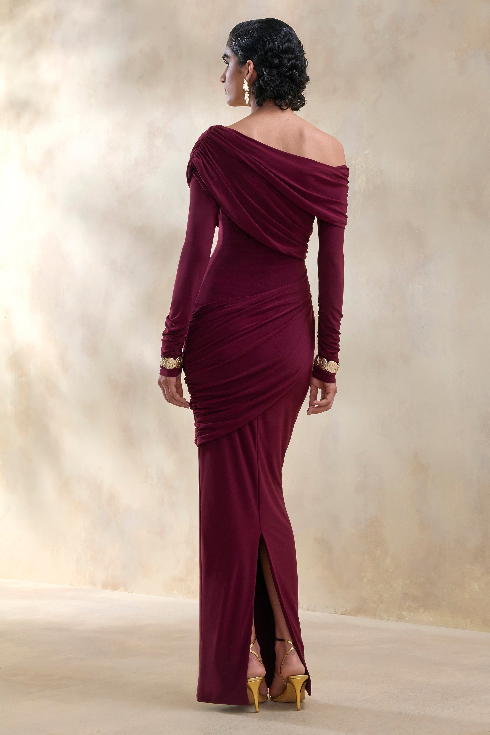 Rosirene | Burgundy Asymmetric-Neck Maxi Dress With Draped-Detailing – Club L London