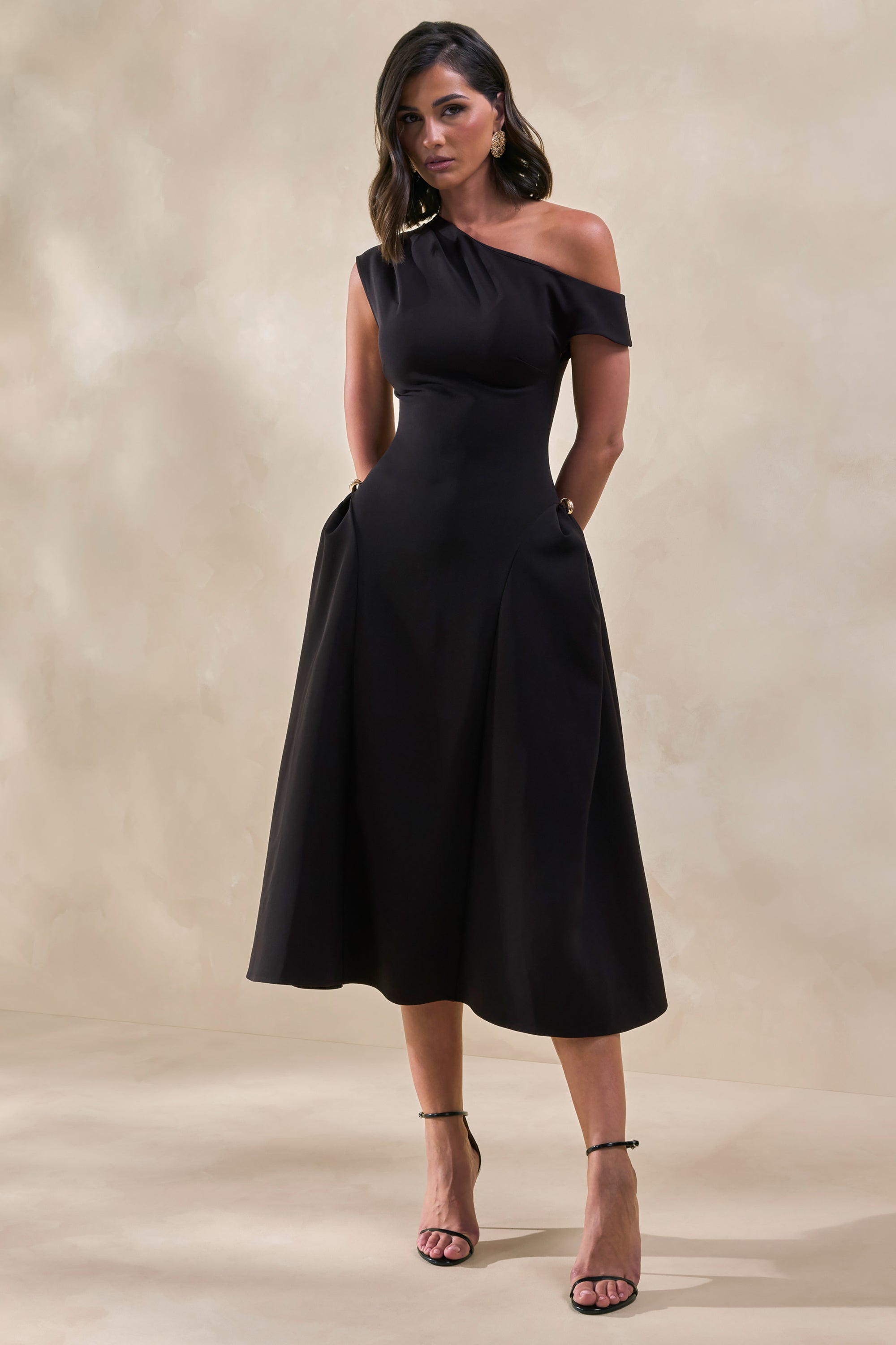 Celosia | Black Asymmetric-Neck Midi Dress With Gold-Detailing – Club L London