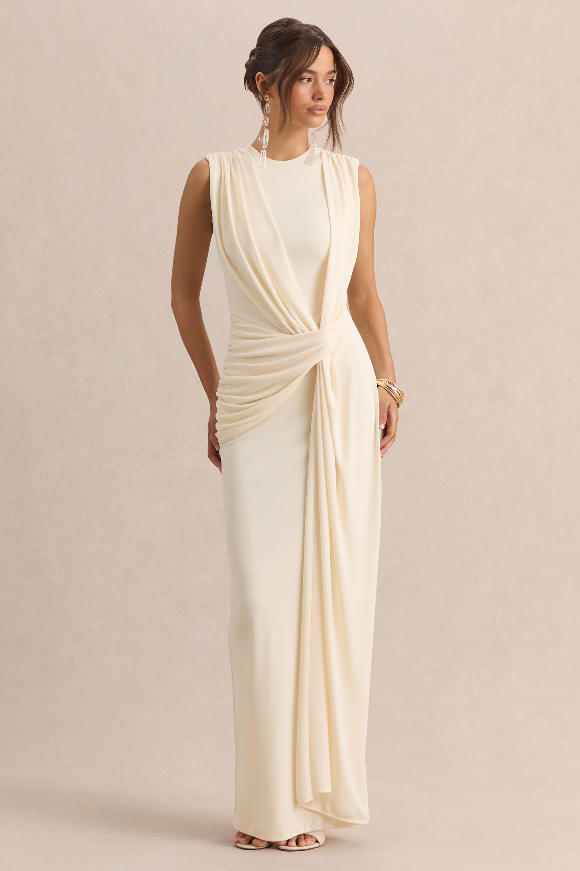 Blythia | Cream Round-Neck Maxi Dress With Gathered-Detailing – Club L London