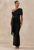 Esalina Black Asymmetric-Neck Maxi Dress With Sash – Club L London - UK