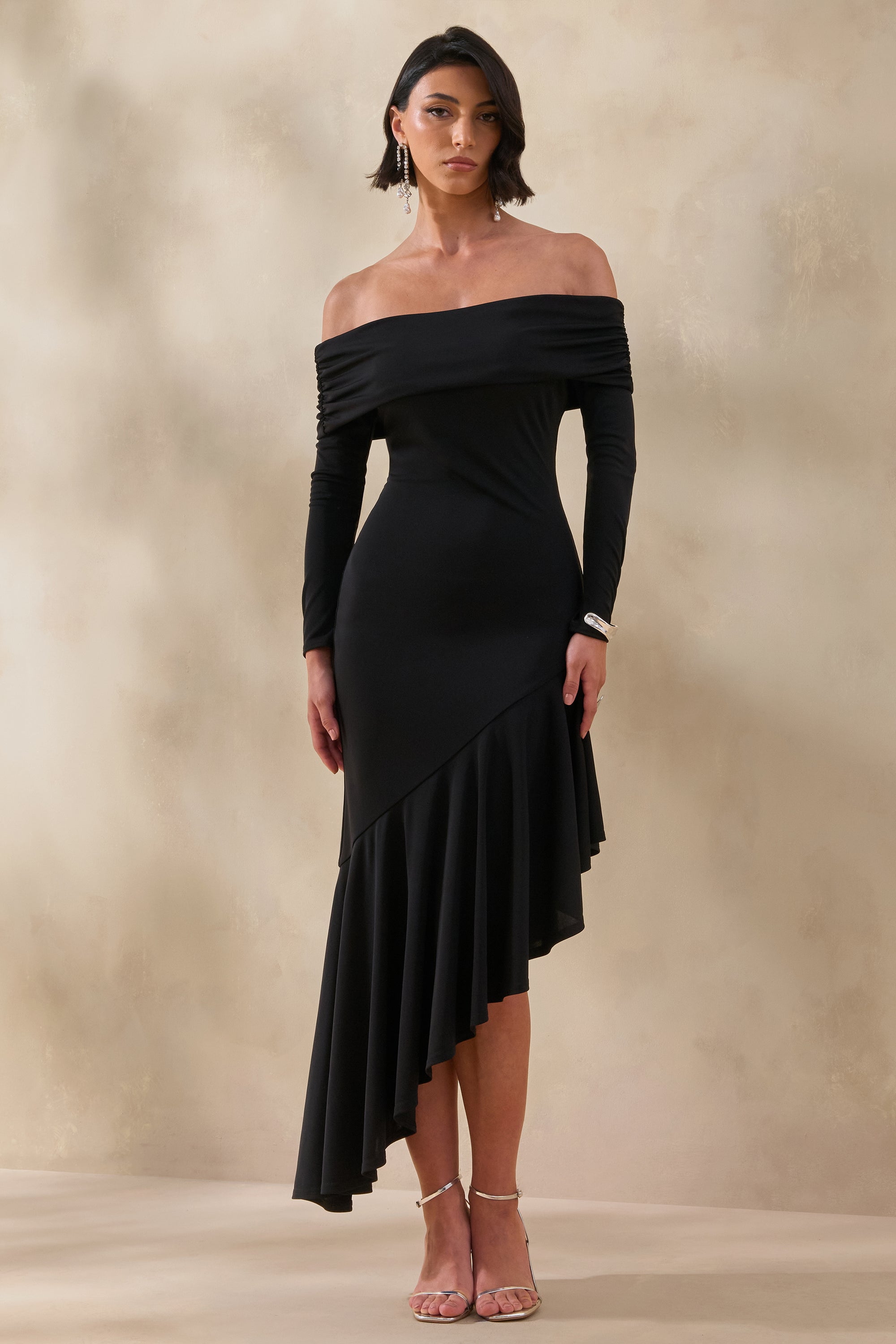 Goldara | Black Bardot-Neck Maxi Dress With Ruffled Asymmetric-Hem – Club L London