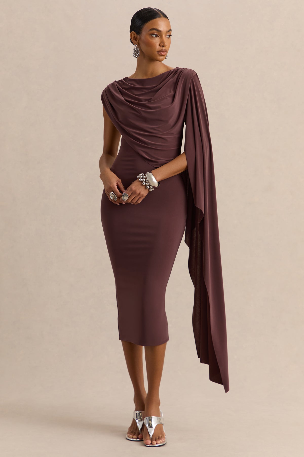 Kamoria Brown Round-Neck Midi Dress With Cape-Sleeve Club L London - UK Kamoria Brown Round-Neck Midi Dress With Cape-Sleeve Club L London - UK