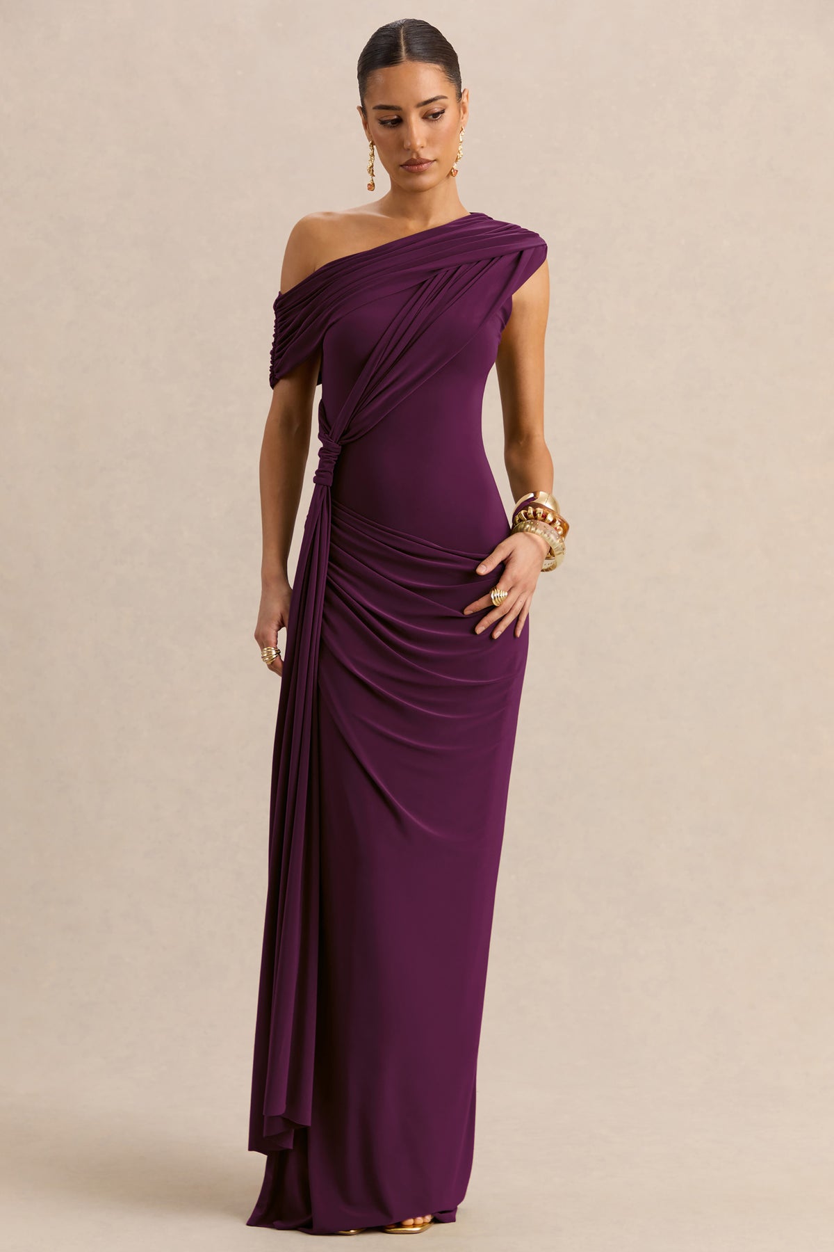 Avialee Dark Plum Asymmetric-Neck Maxi Dress With Gathered-Detailing  Club  L London - UK