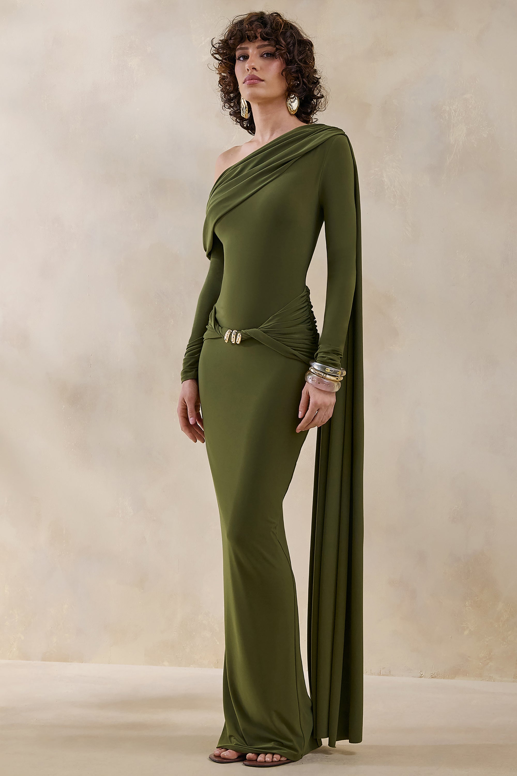 green long dress uk Hera | Green Extreme Plunge Maxi Dress With Ruched Detail  Club L London