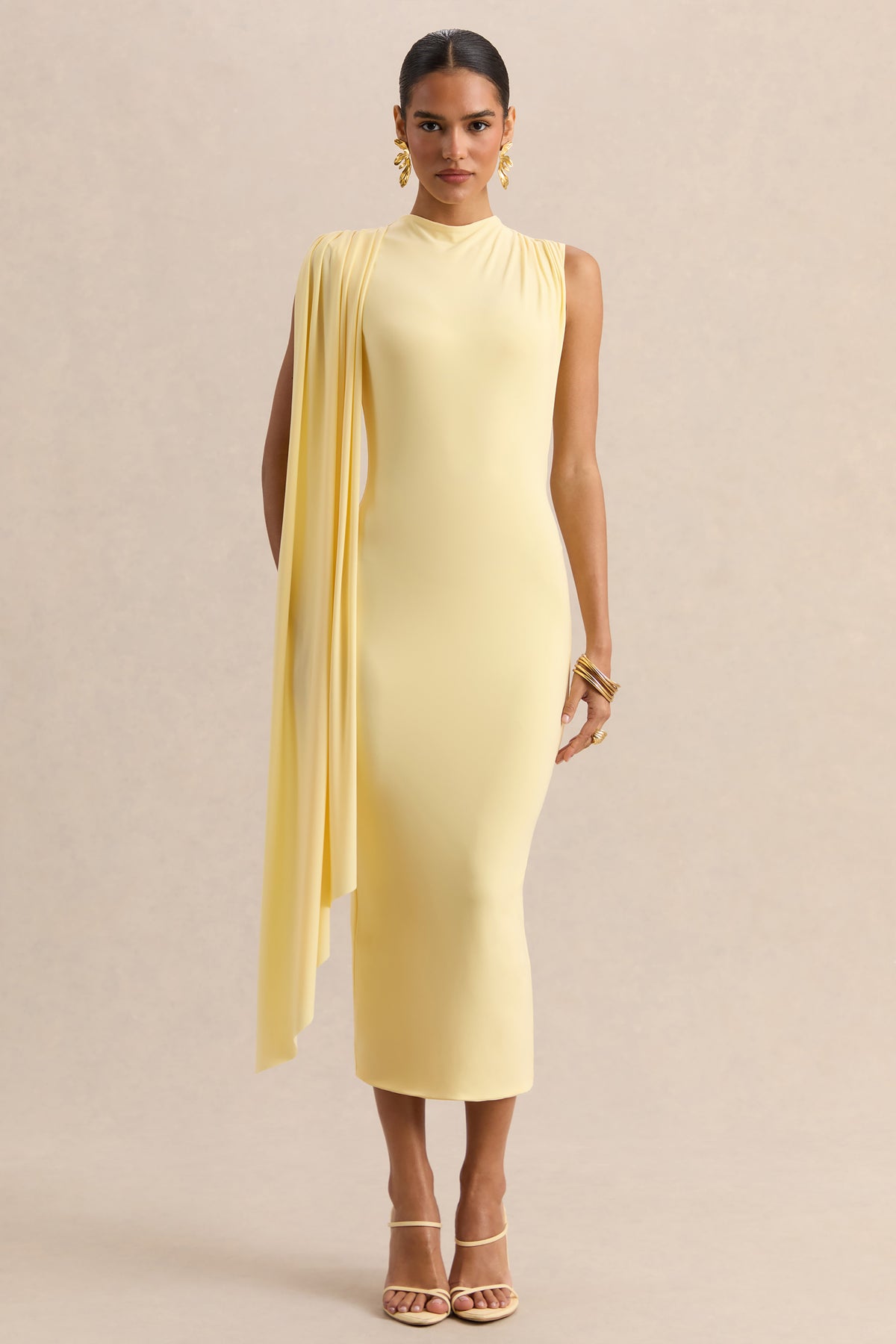 Oleandra Lemon High-Neck Midi-Dress With Draped-Detail – Club L London
