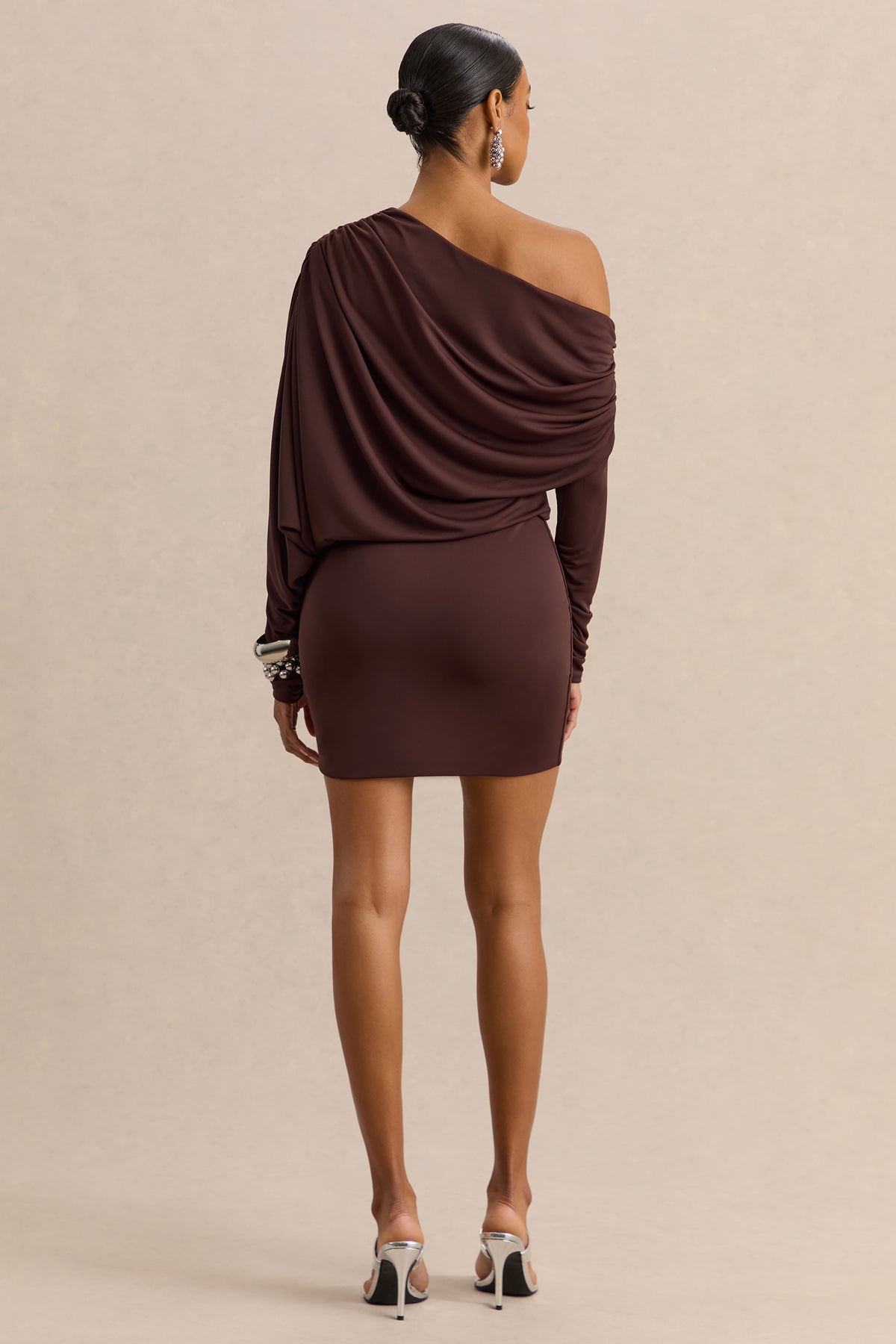 Inoria Brown Asymmetric-Neck Mini Dress – Club L London