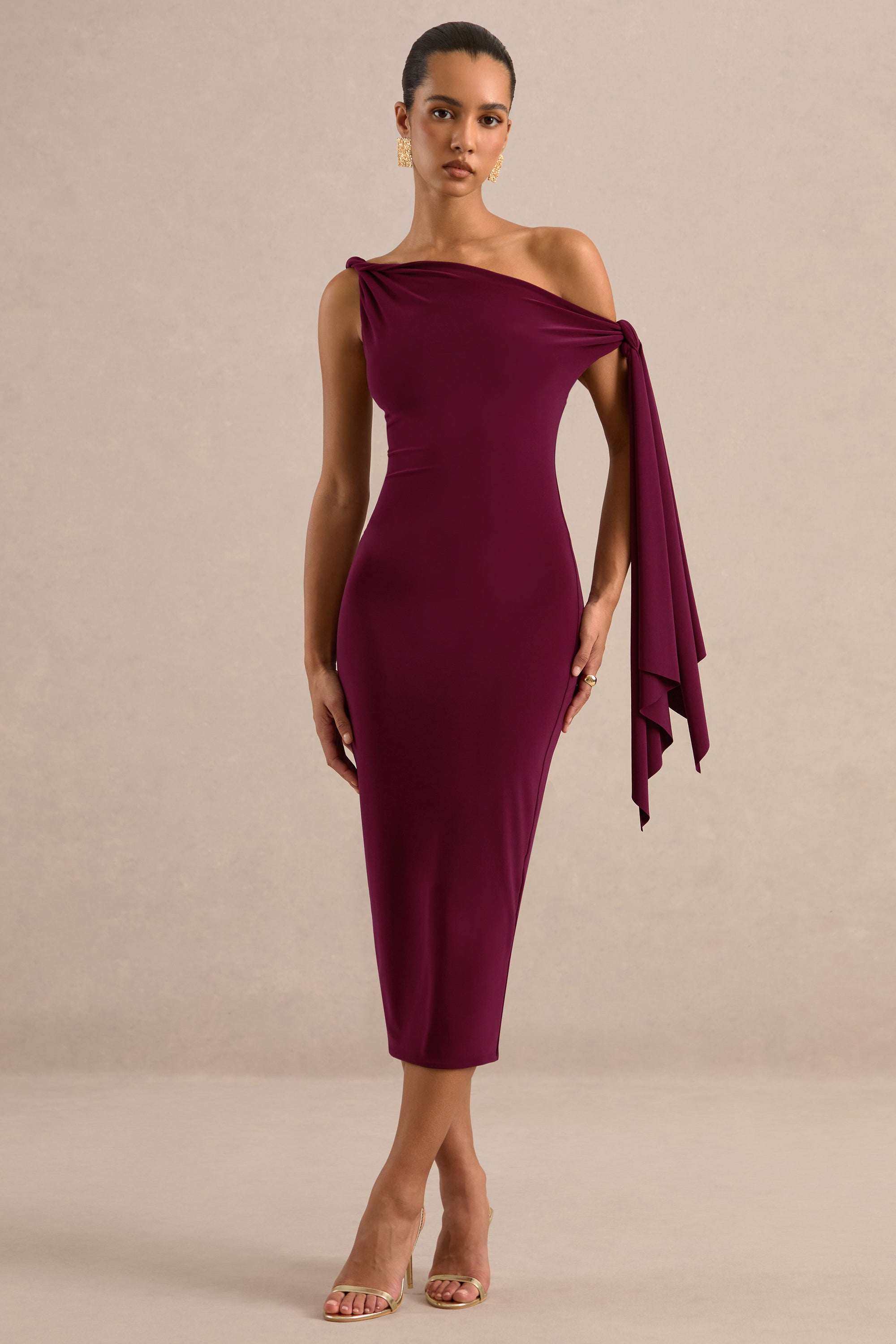 ECM_HR_CL137892102 - Arcelia Burgundy Asymmetric-Neck Midi Dress With Knot-Sleeve Detail0.jpg