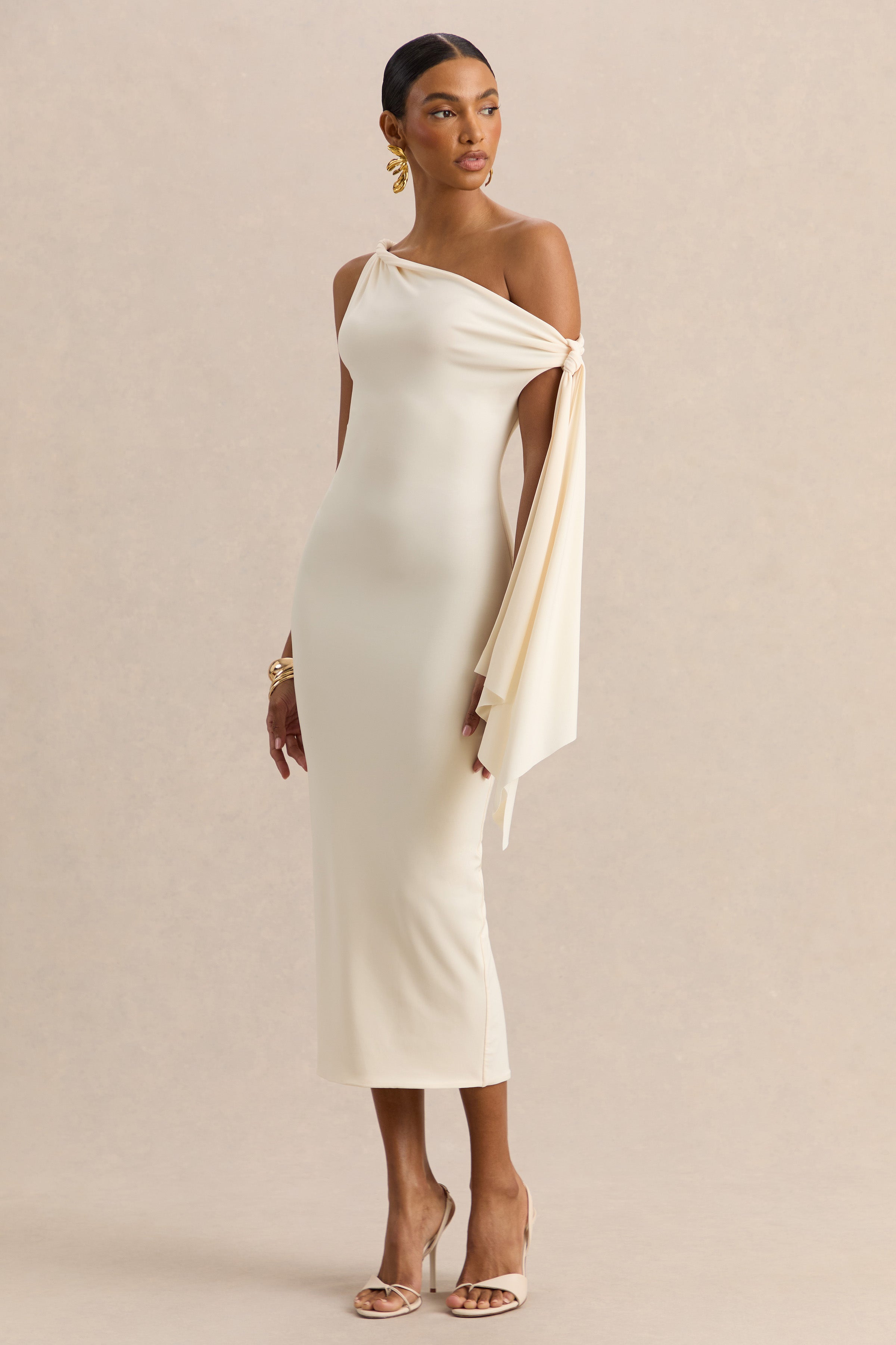 Arcelia | Cream Jersey One Shoulder Midi Dress With Twist And Knot