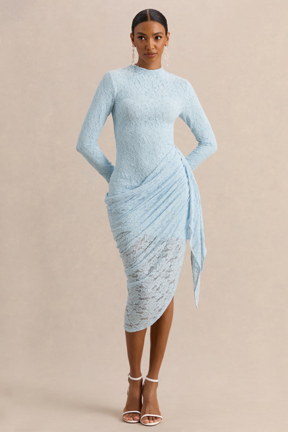 Laureline Powder Blue Lace Crew-Neck Midi Dress With Draped-Detail A – Club  L London