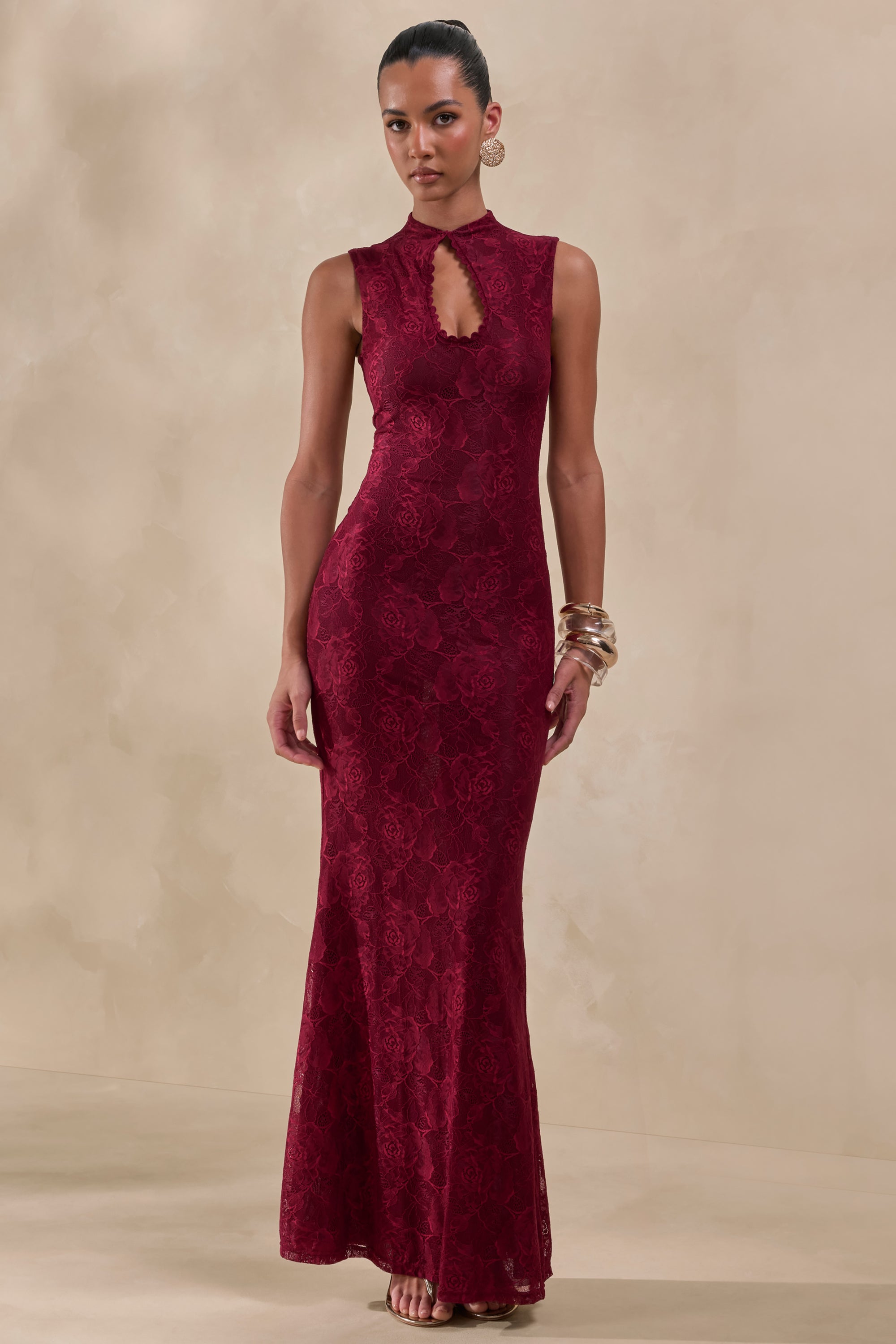 burgundy lace dress uk Ravissa | Burgundy Lace High-Neck Maxi Dress – Club L London