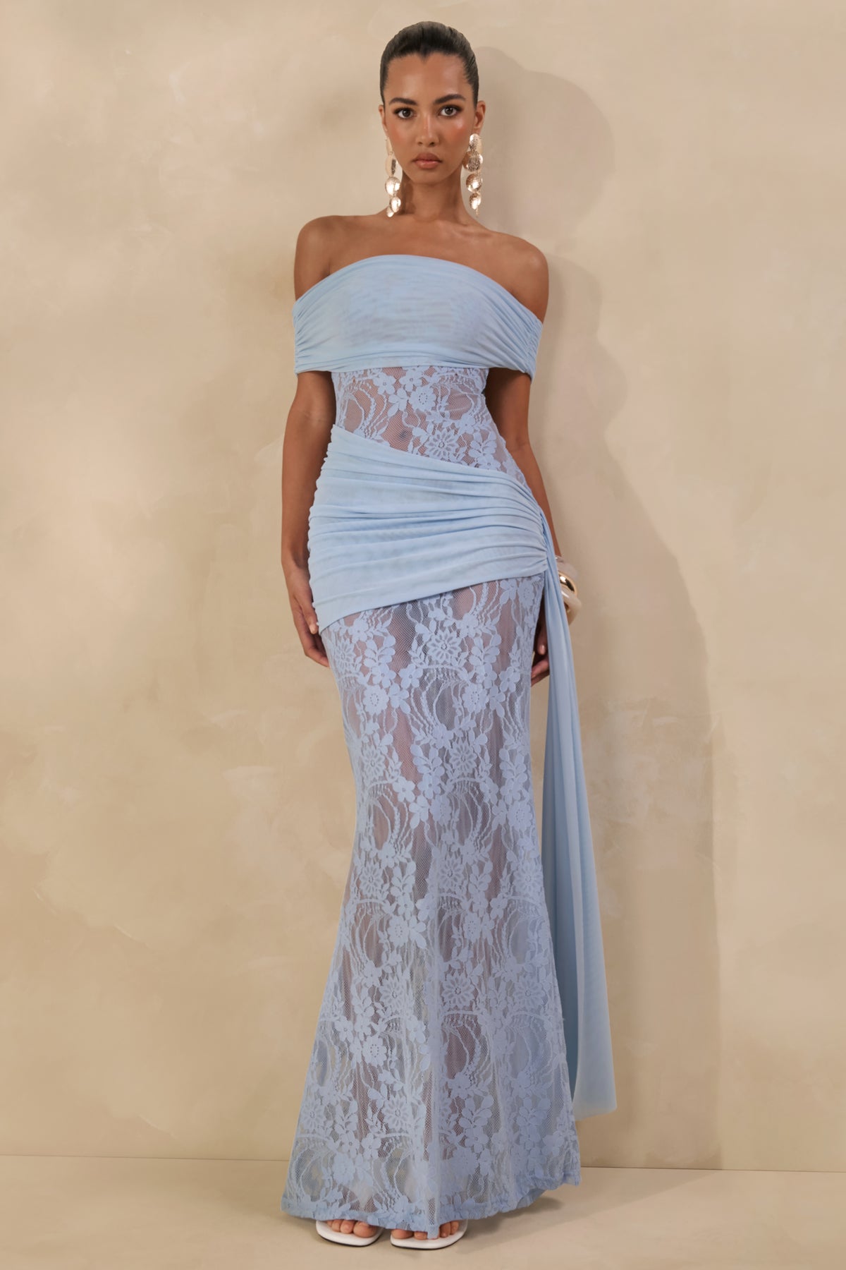 blue lace dress uk Laureline | Powder Blue Lace Crew-Neck Midi Dress With Draped-Detail A Club L London