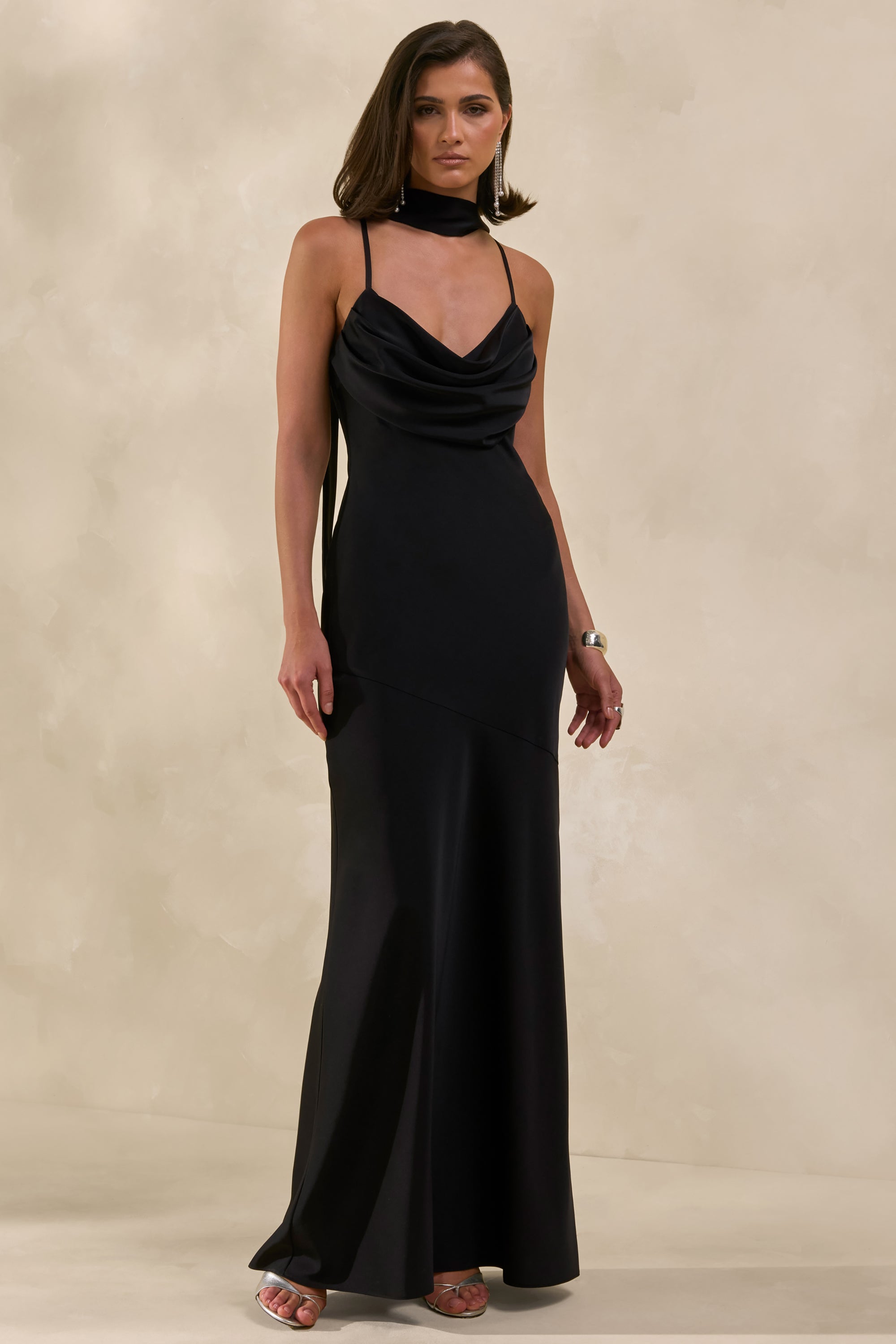 adilah maxi dress - cowl neck satin dress in black Lydia Cowl Neck Satin Maxi Dress / Black | MESHKI